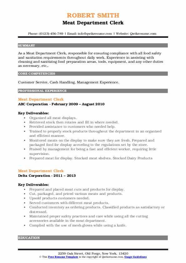 Meat Department Clerk Resume Samples QwikResume