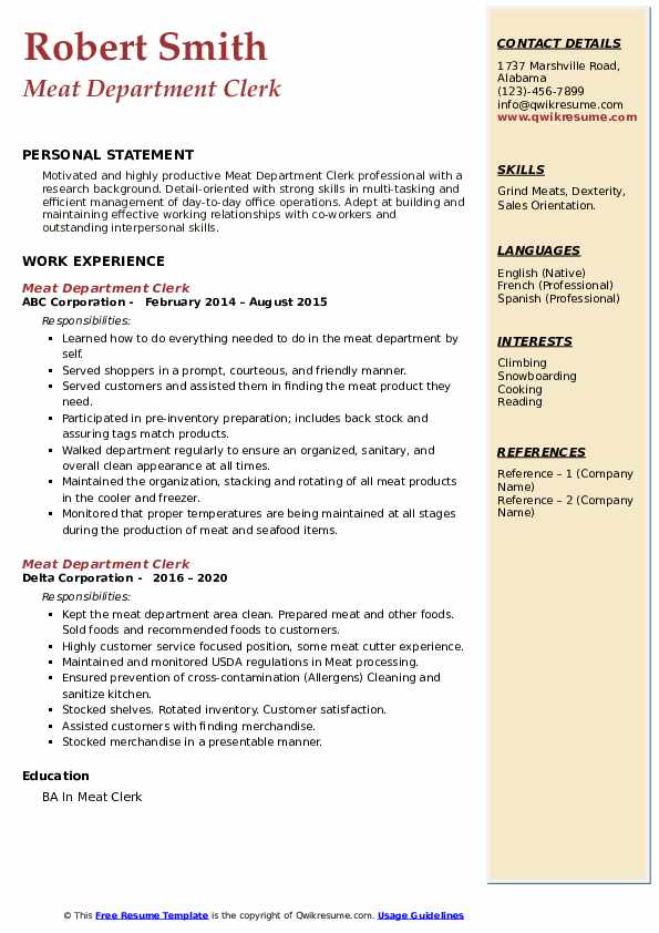 Meat Department Clerk Resume Samples QwikResume