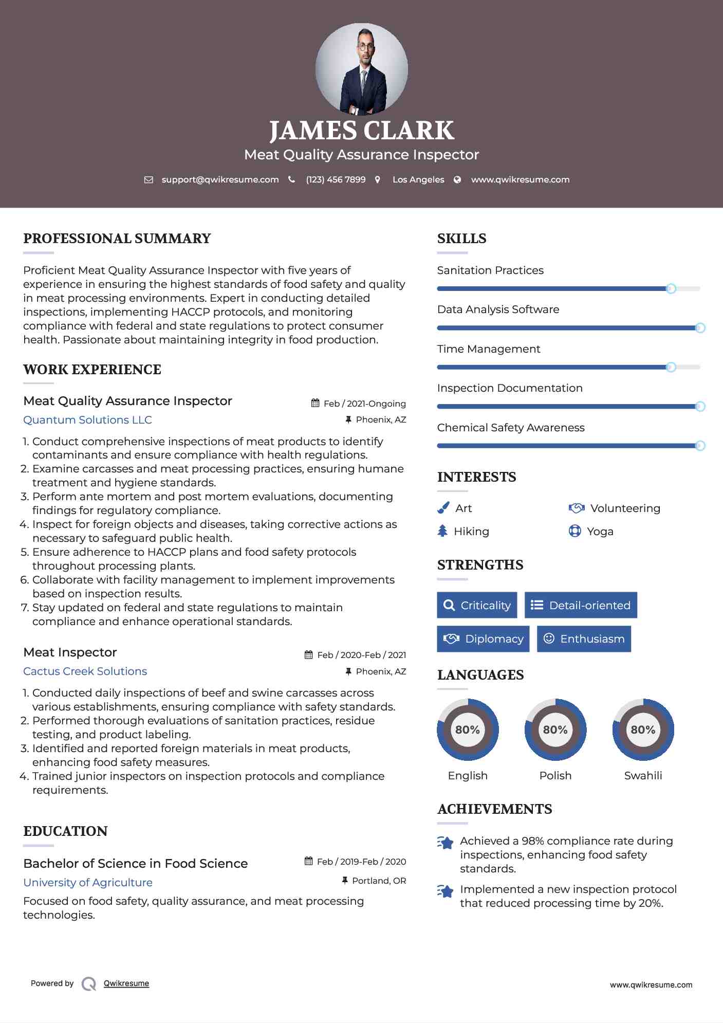 Meat Quality Assurance Inspector Resume Model