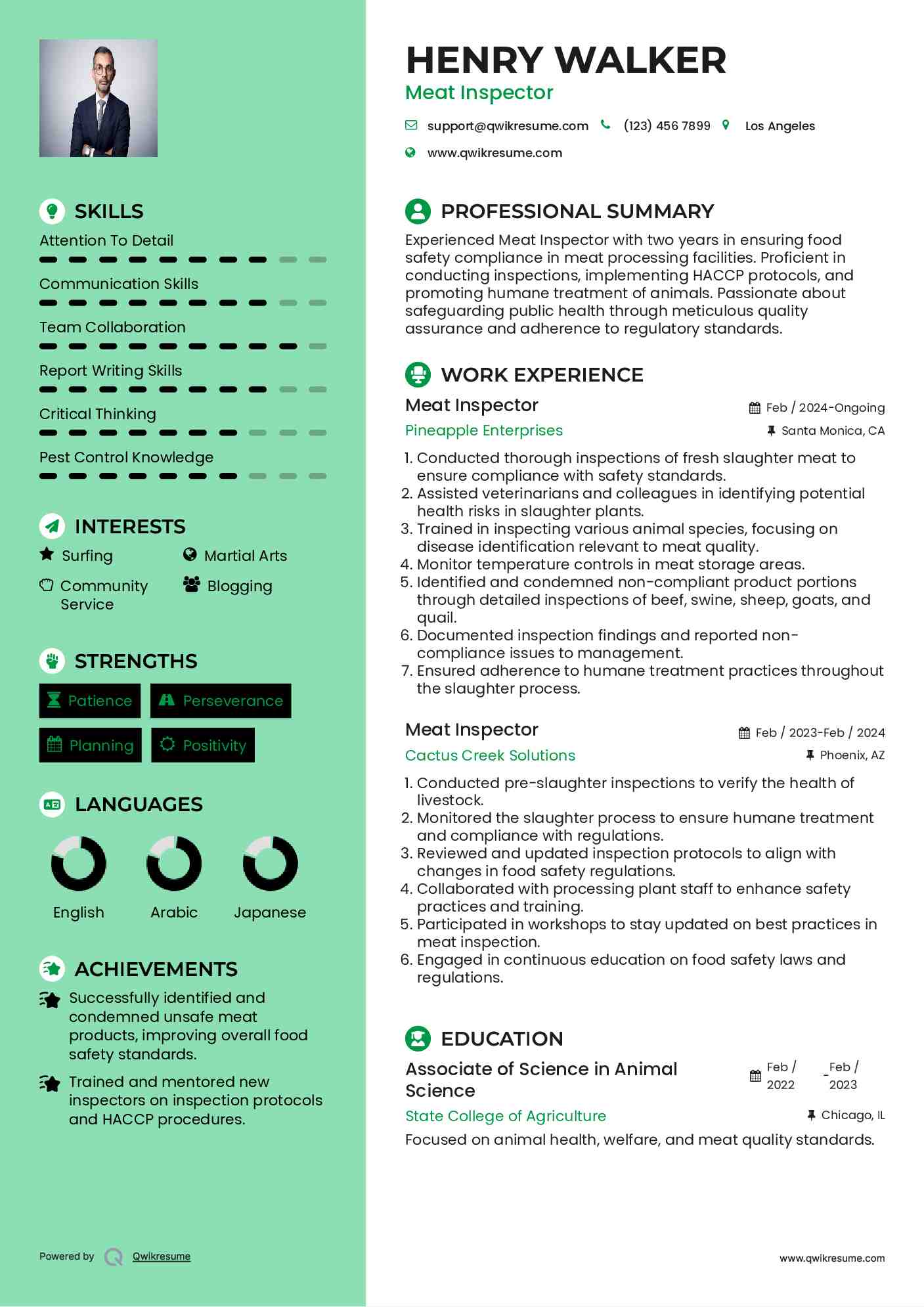 Meat Inspector Resume Model