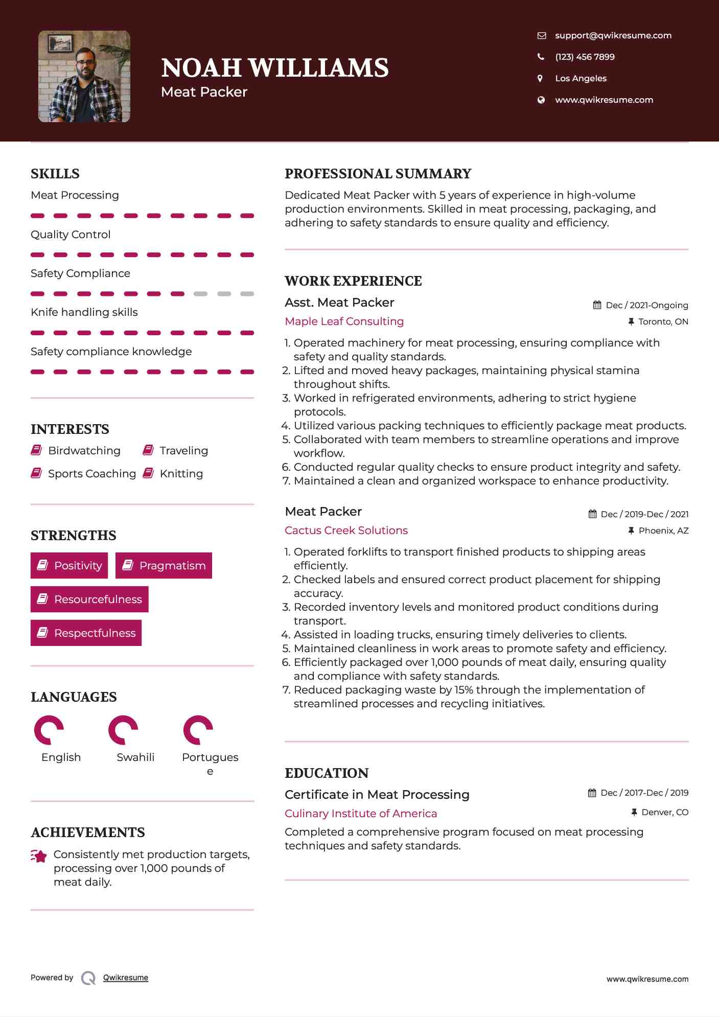 Asst. Meat Packer Resume Model