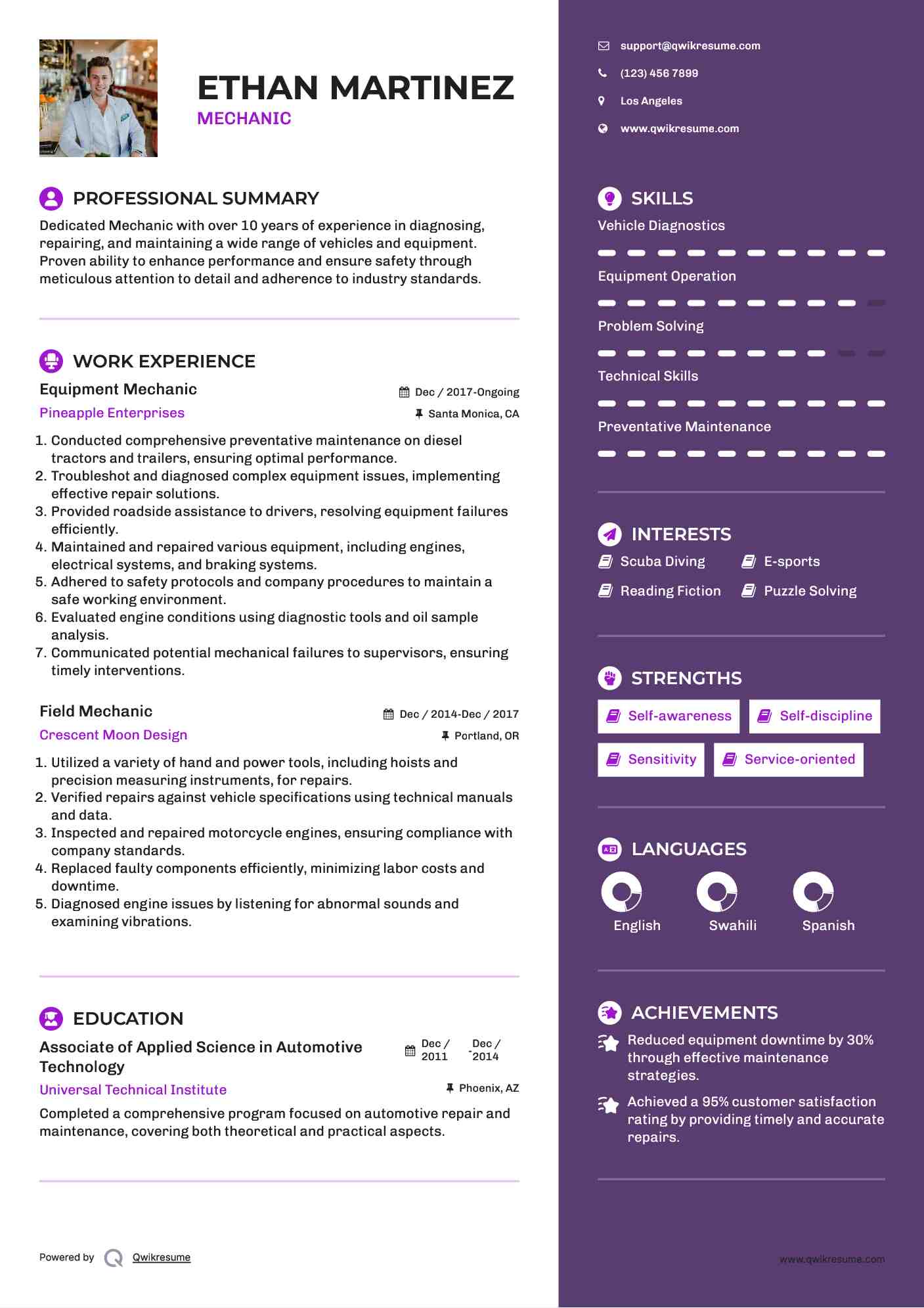 Equipment Mechanic Resume Template