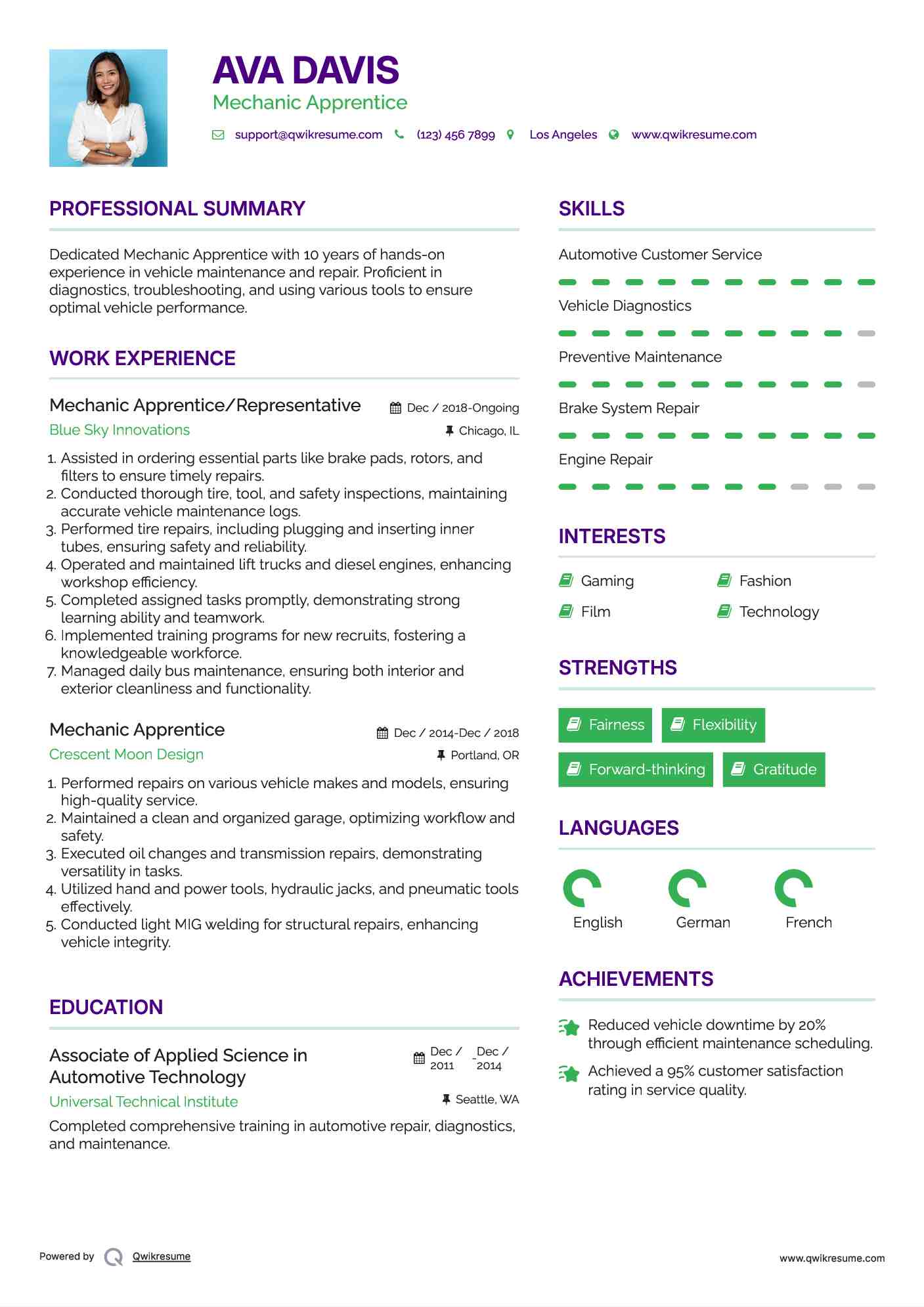 Mechanic Apprentice Resume Samples QwikResume