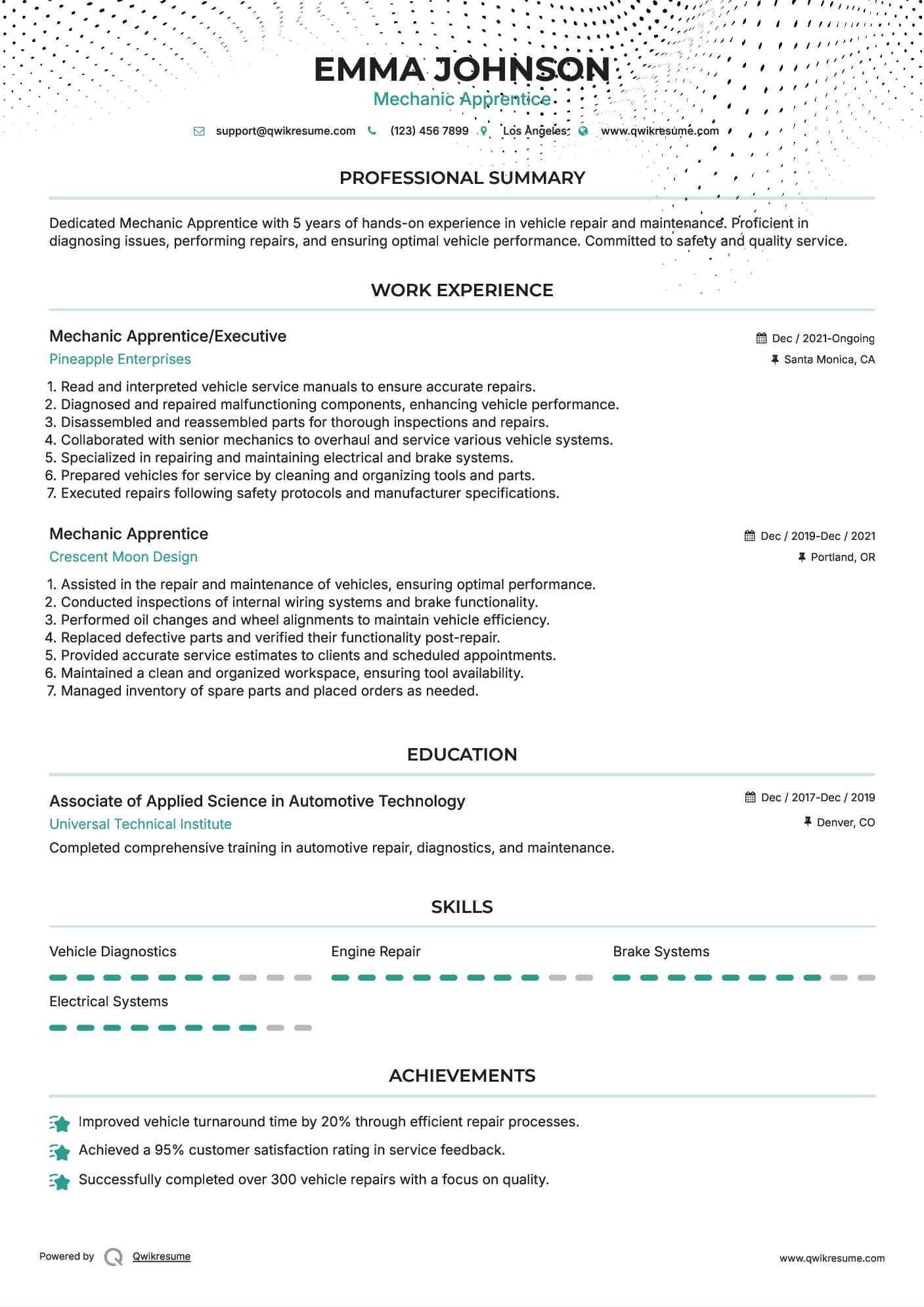 Mechanic Apprentice/Executive Resume Model