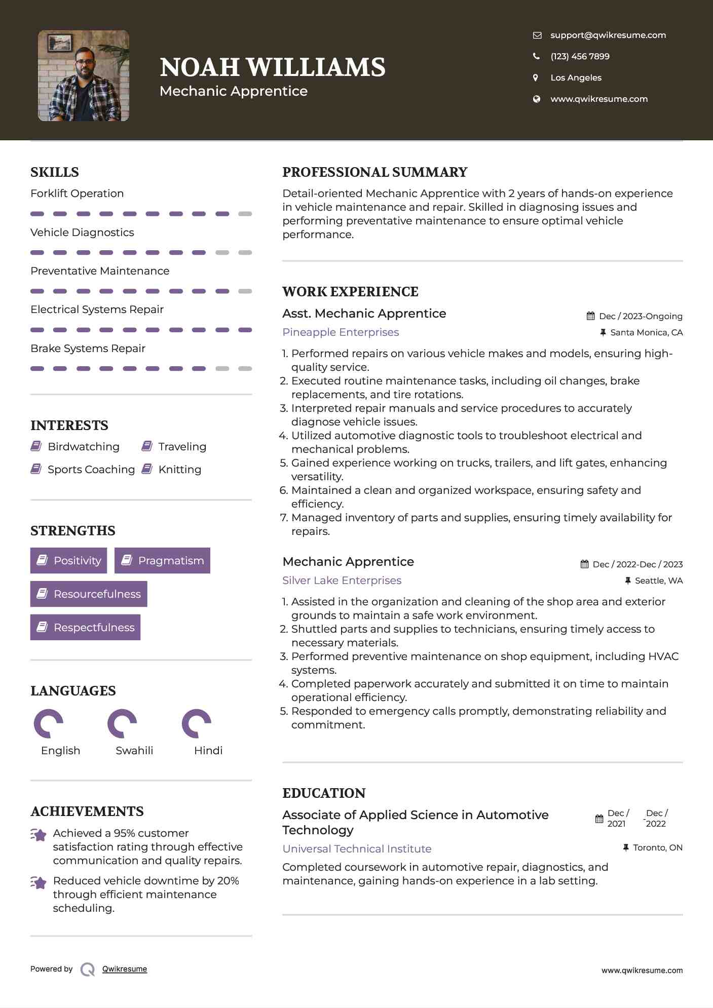 Asst. Mechanic Apprentice Resume Format