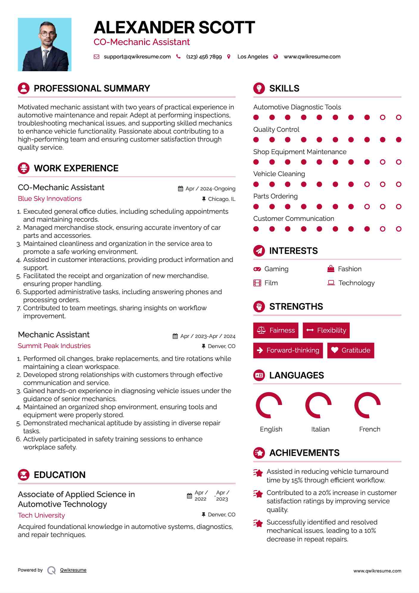 CO-Mechanic Assistant Resume Example