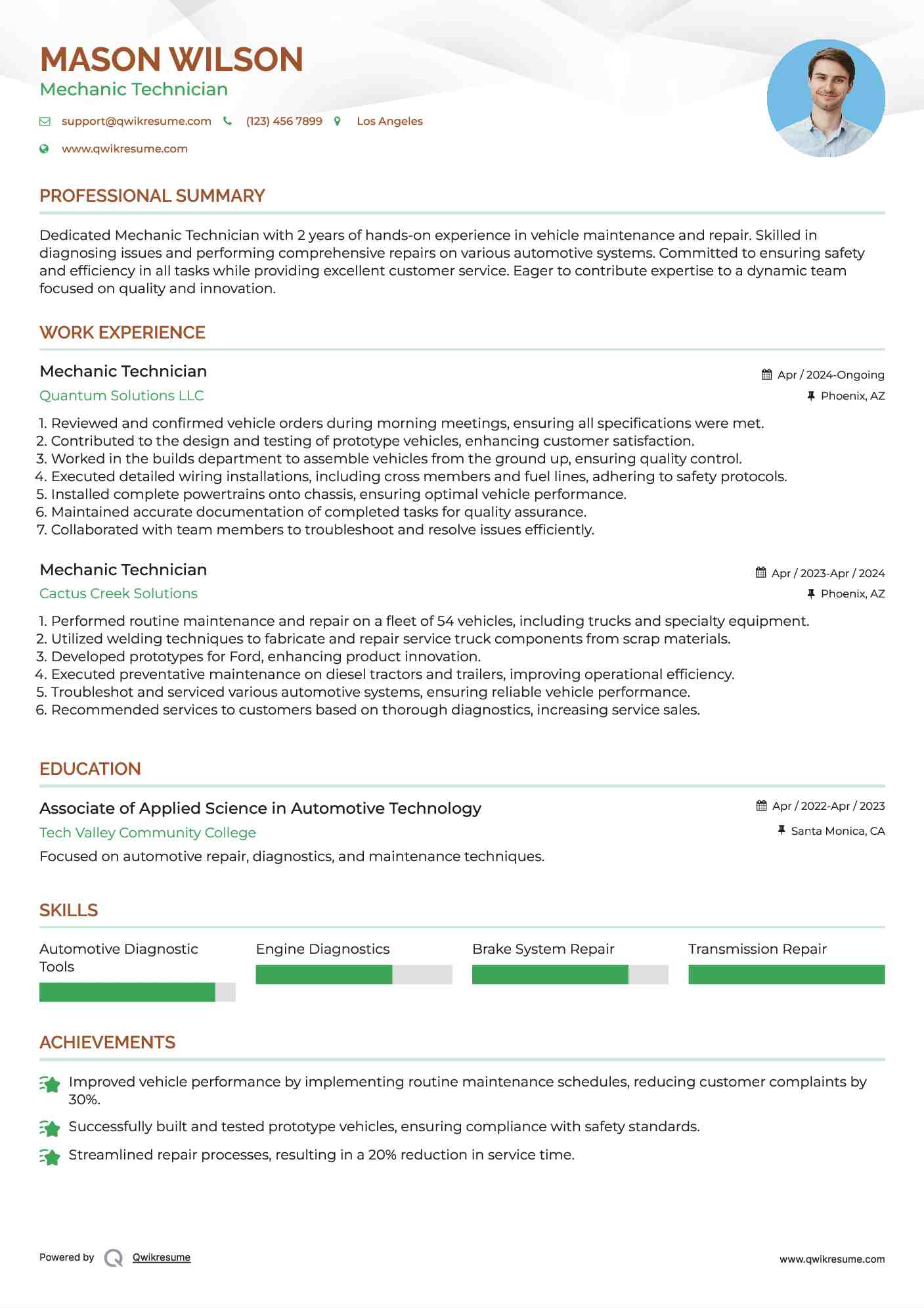 Mechanic Technician Resume Model