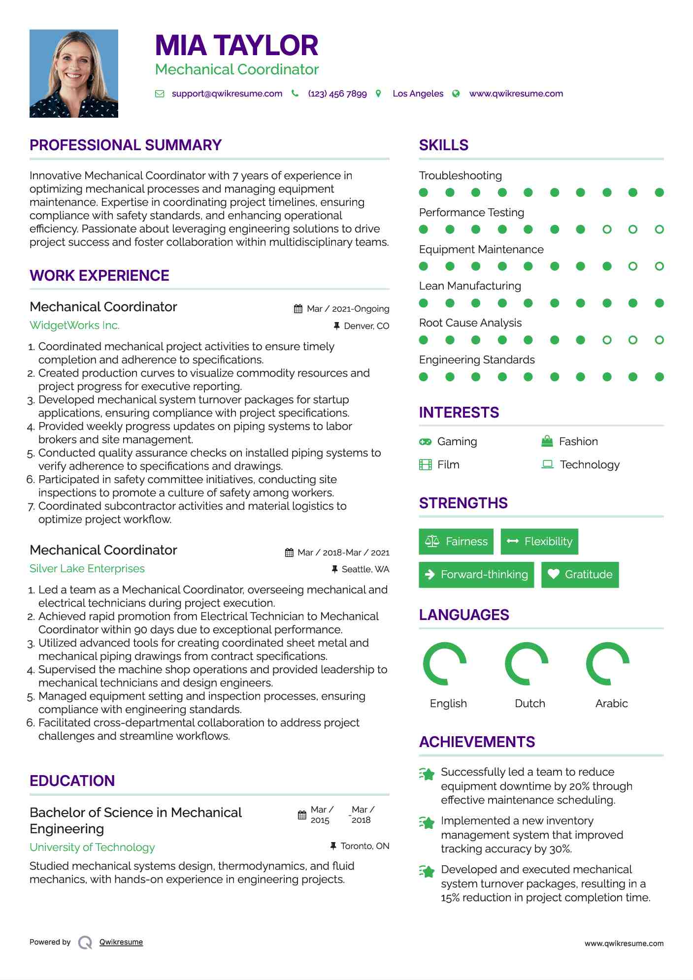 Mechanical Coordinator Resume Sample