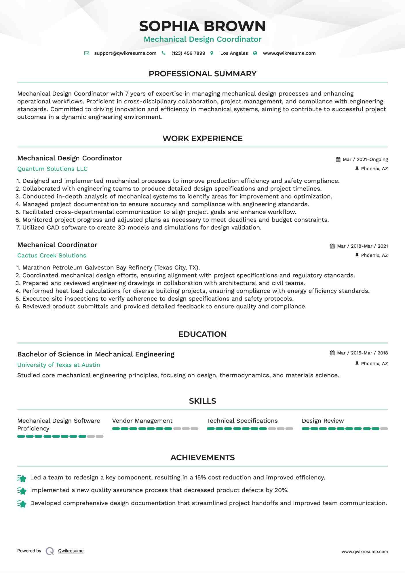 Mechanical Design Coordinator Resume Model