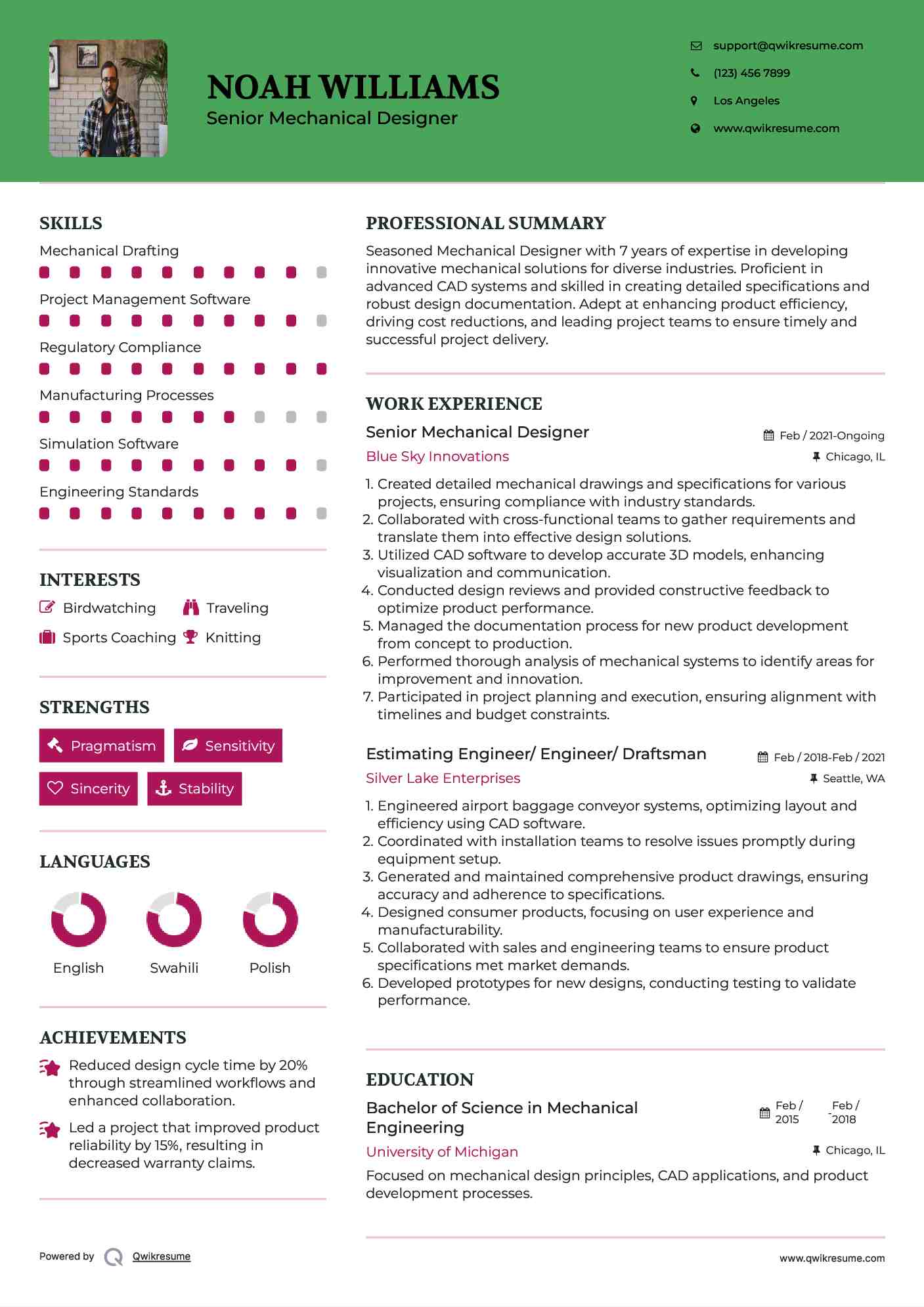 Senior Mechanical Designer Resume Sample