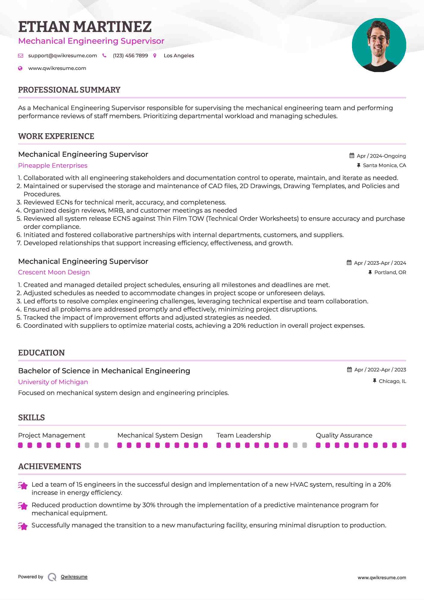 Mechanical Engineering Supervisor Resume Format