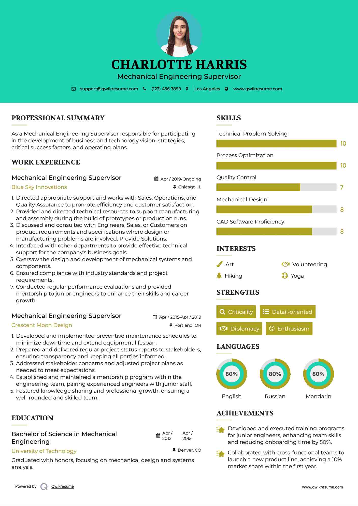 Mechanical Engineering Supervisor Resume Example