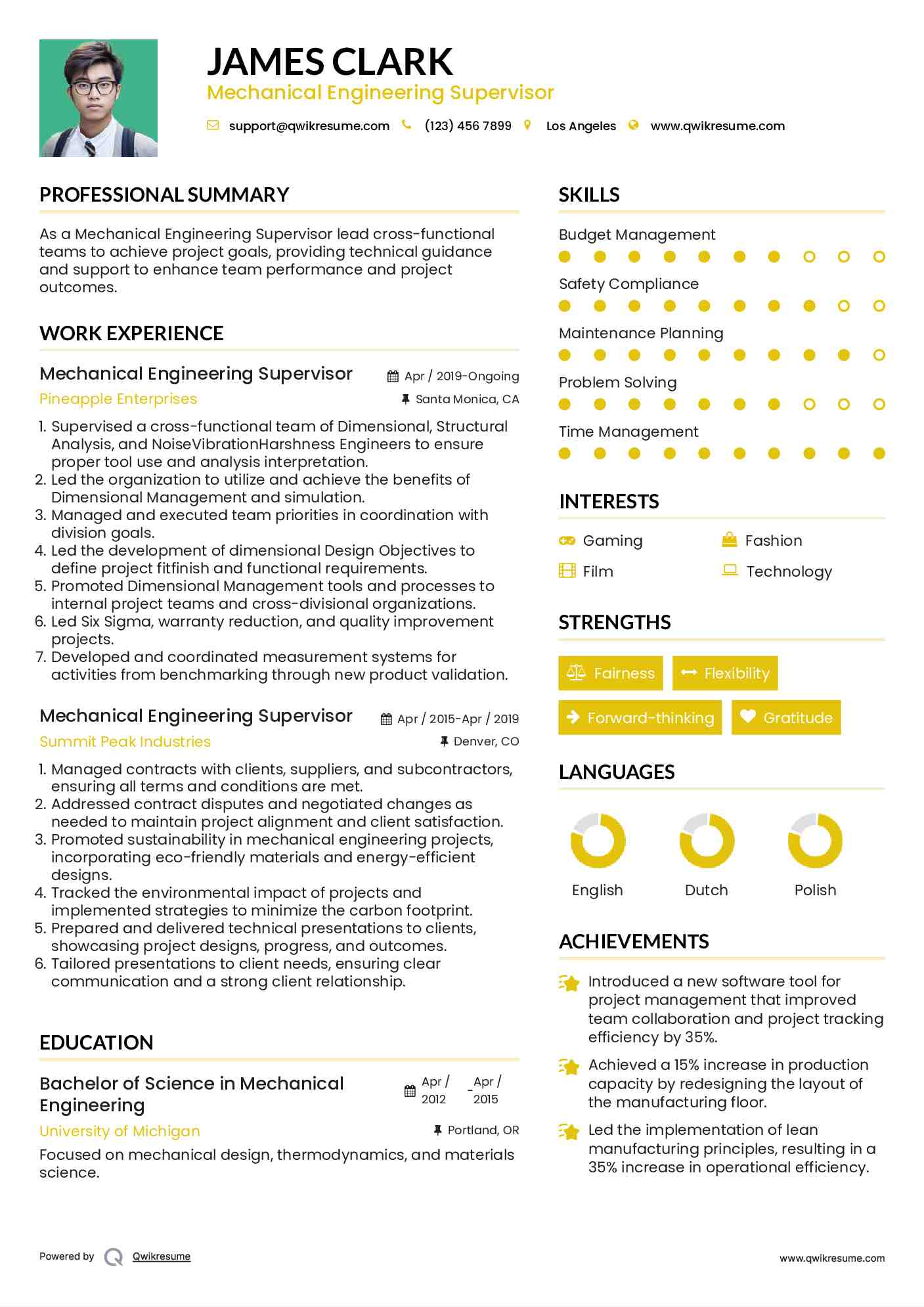 Mechanical Engineering Supervisor Resume Sample