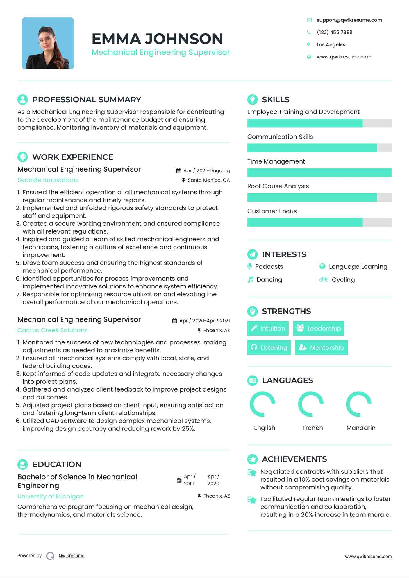 Mechanical Engineering Supervisor Resume Example