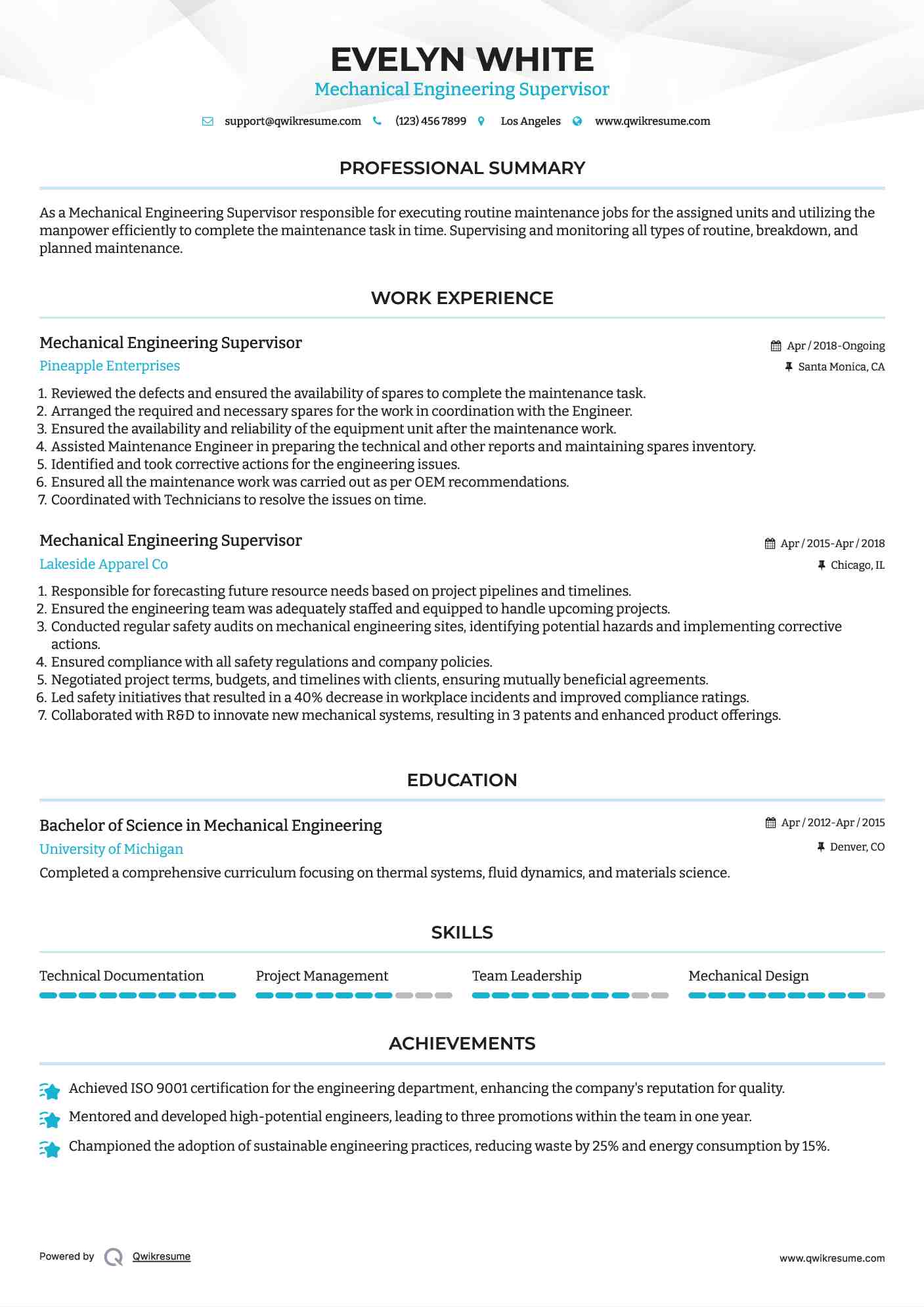 Mechanical Engineering Supervisor Resume Sample
