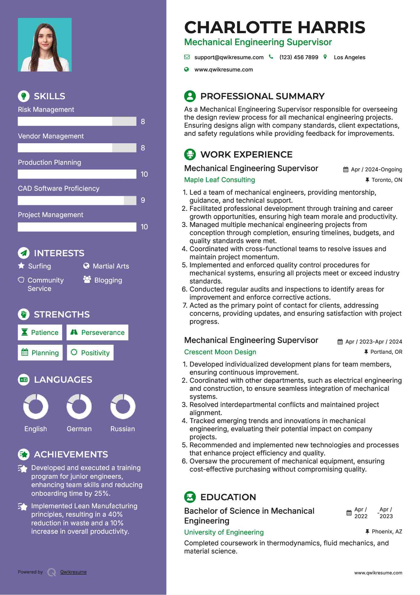 Mechanical Engineering Supervisor Resume Format