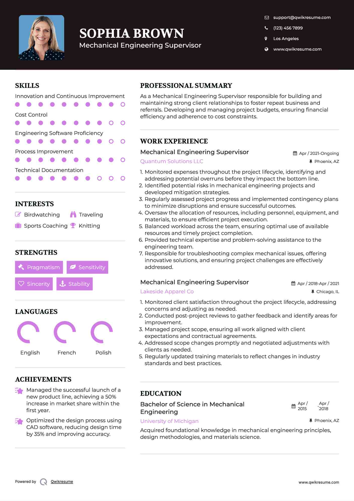Mechanical Engineering Supervisor Resume Template
