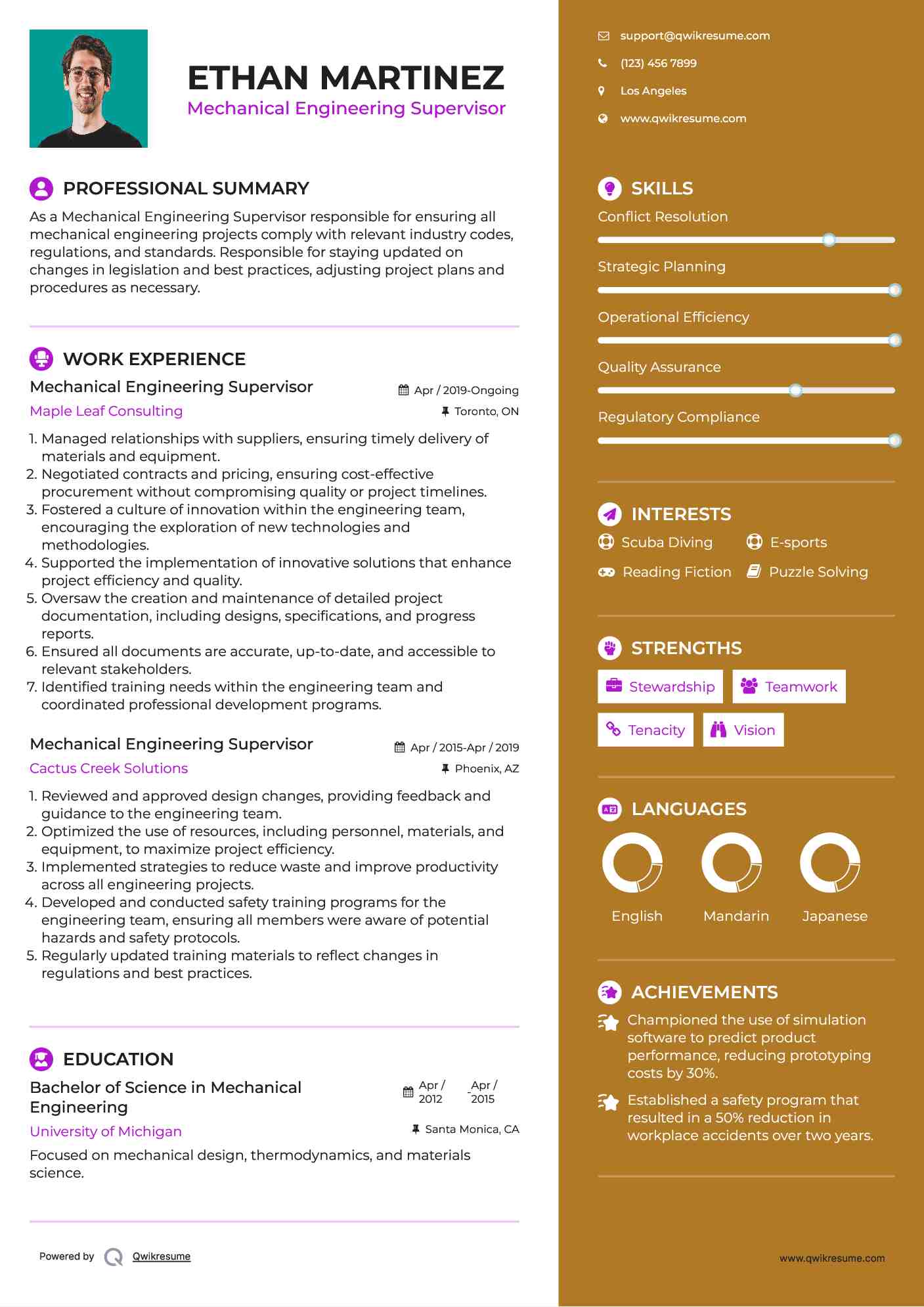 Mechanical Engineering Supervisor Resume Format