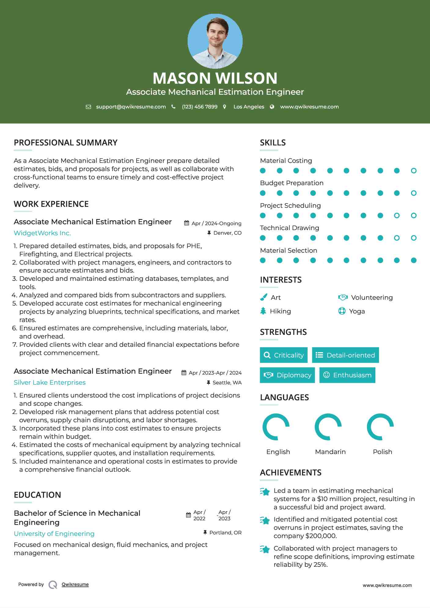 Associate Mechanical Estimation Engineer Resume Sample