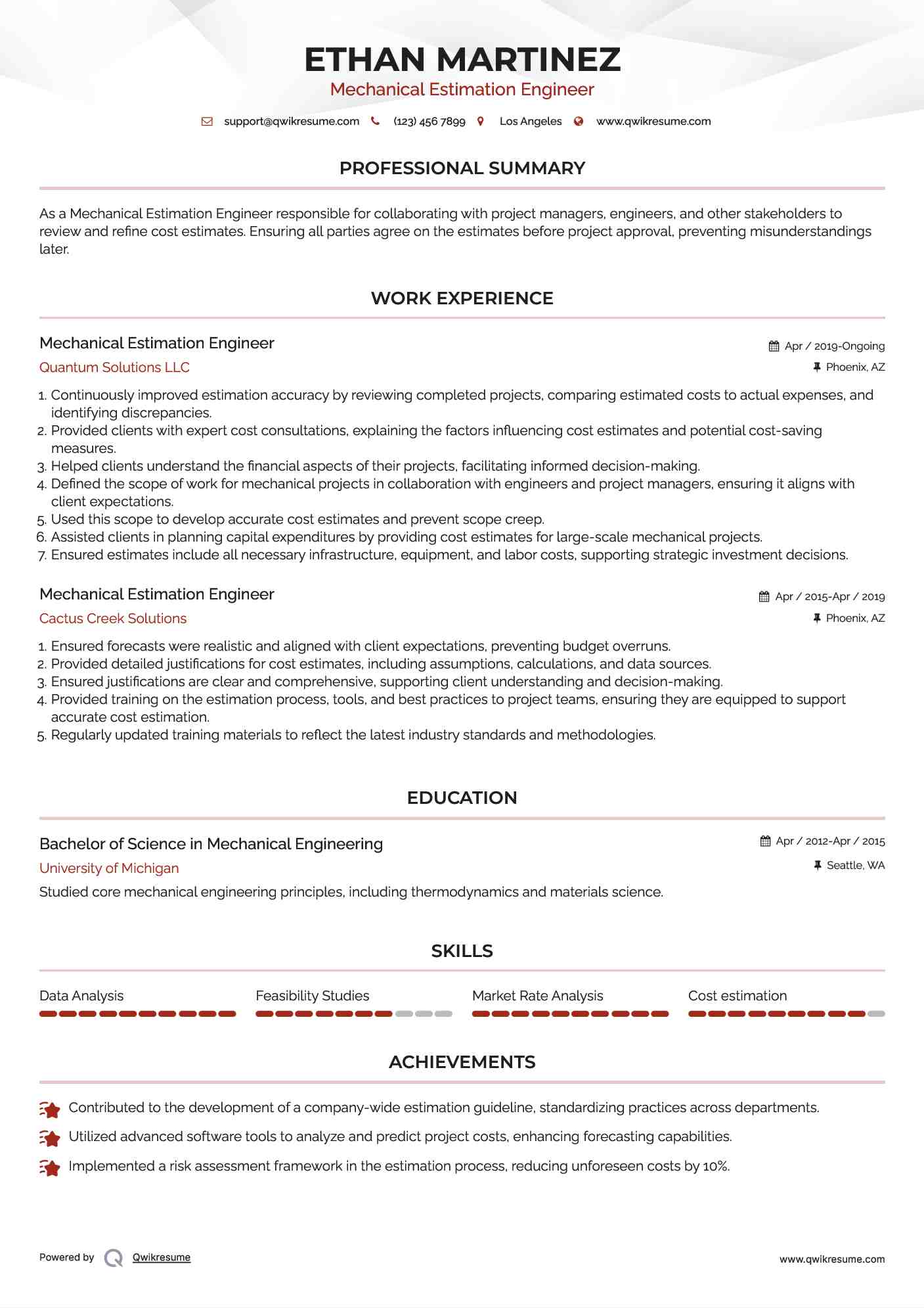 Mechanical Estimation Engineer Resume Example