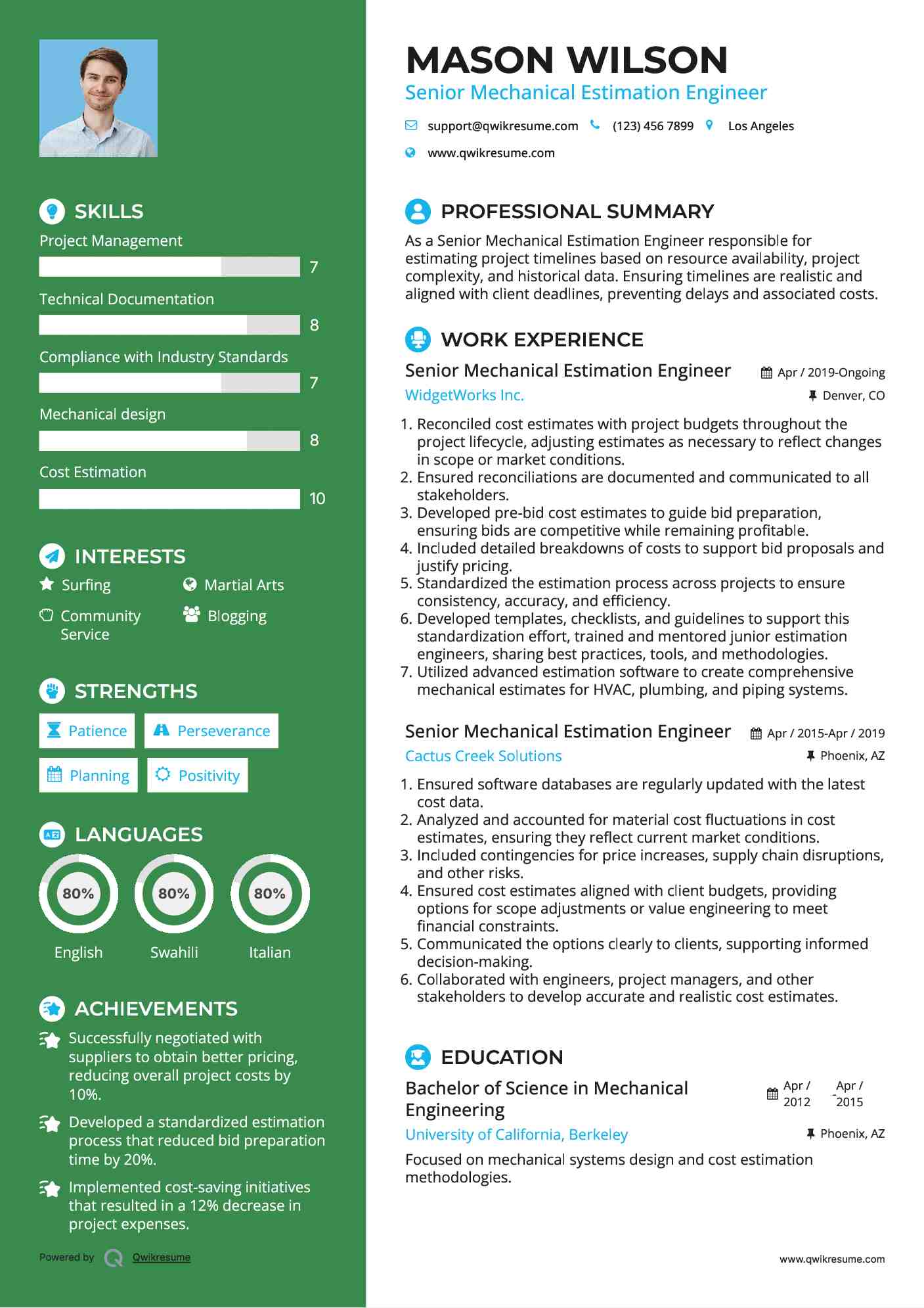 Senior Mechanical Estimation Engineer Resume Format
