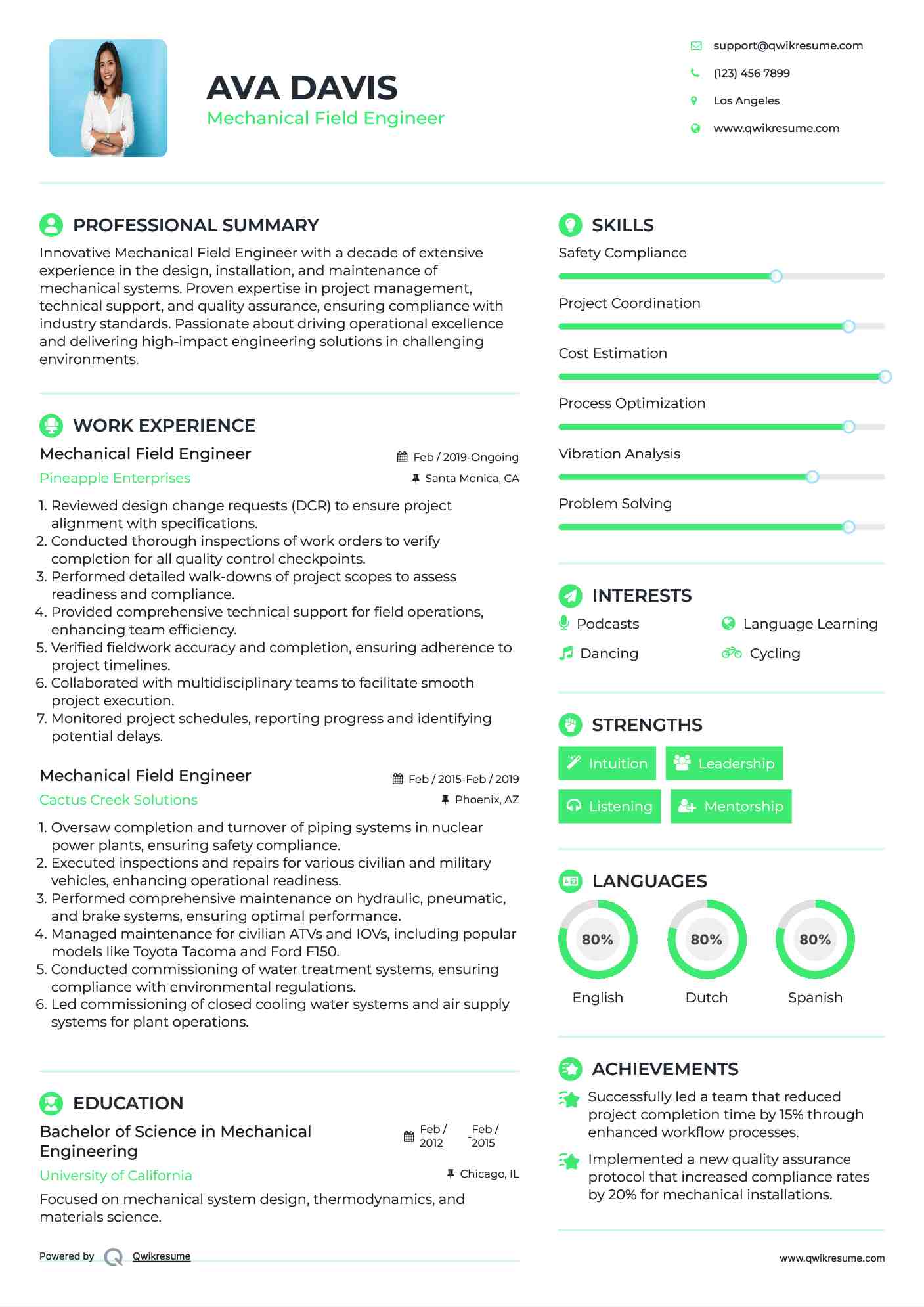 Mechanical Field Engineer Resume Sample