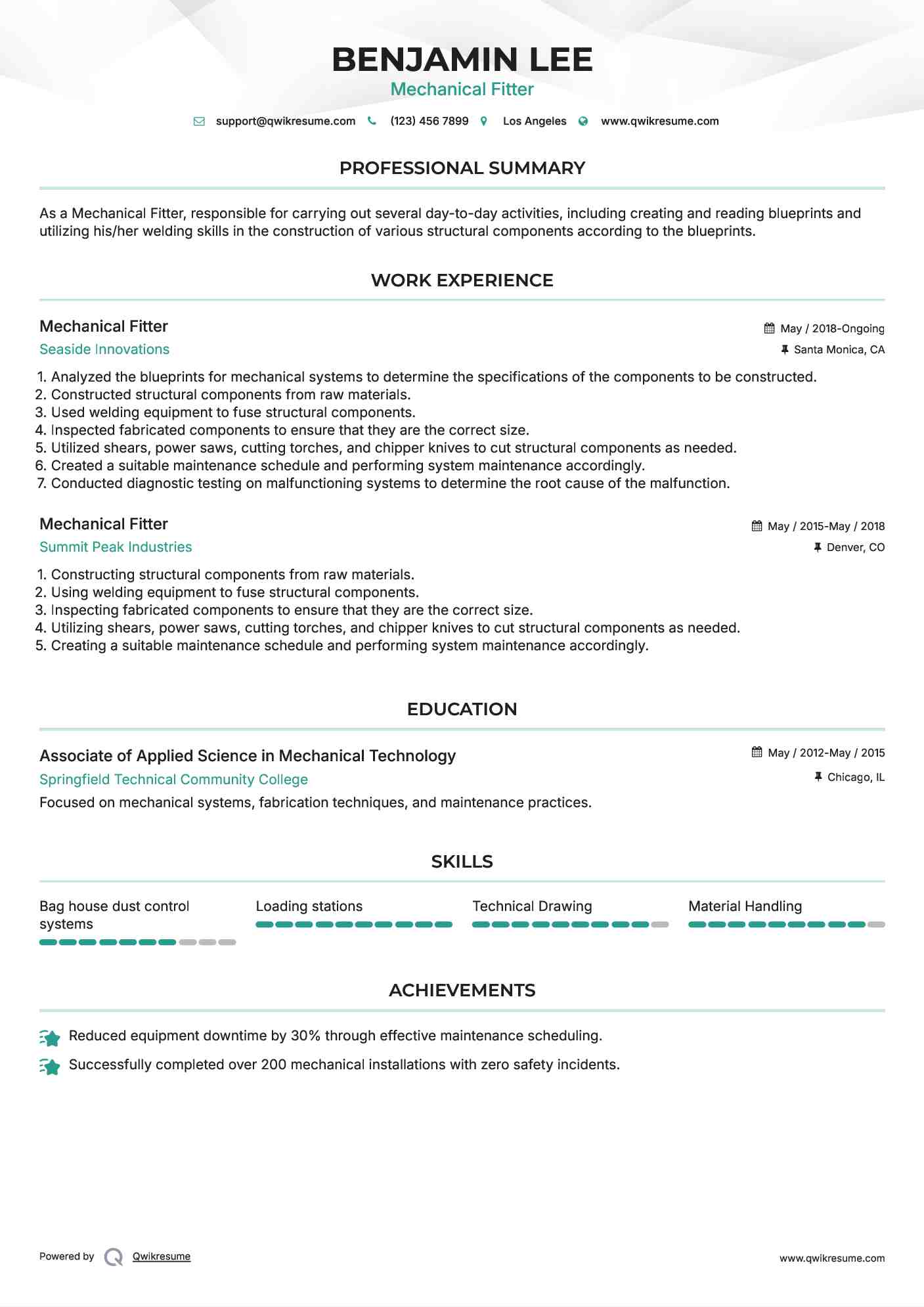 Mechanical Fitter Resume Model