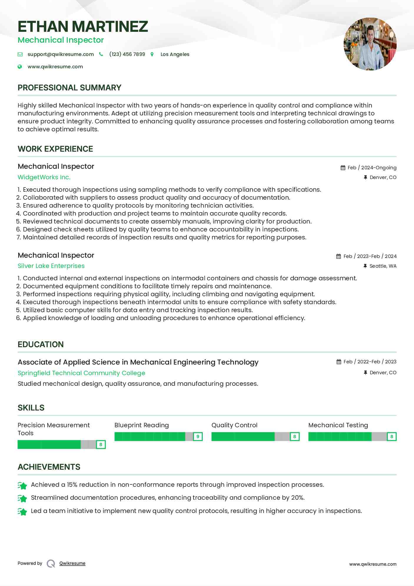 Mechanical Inspector Resume Example