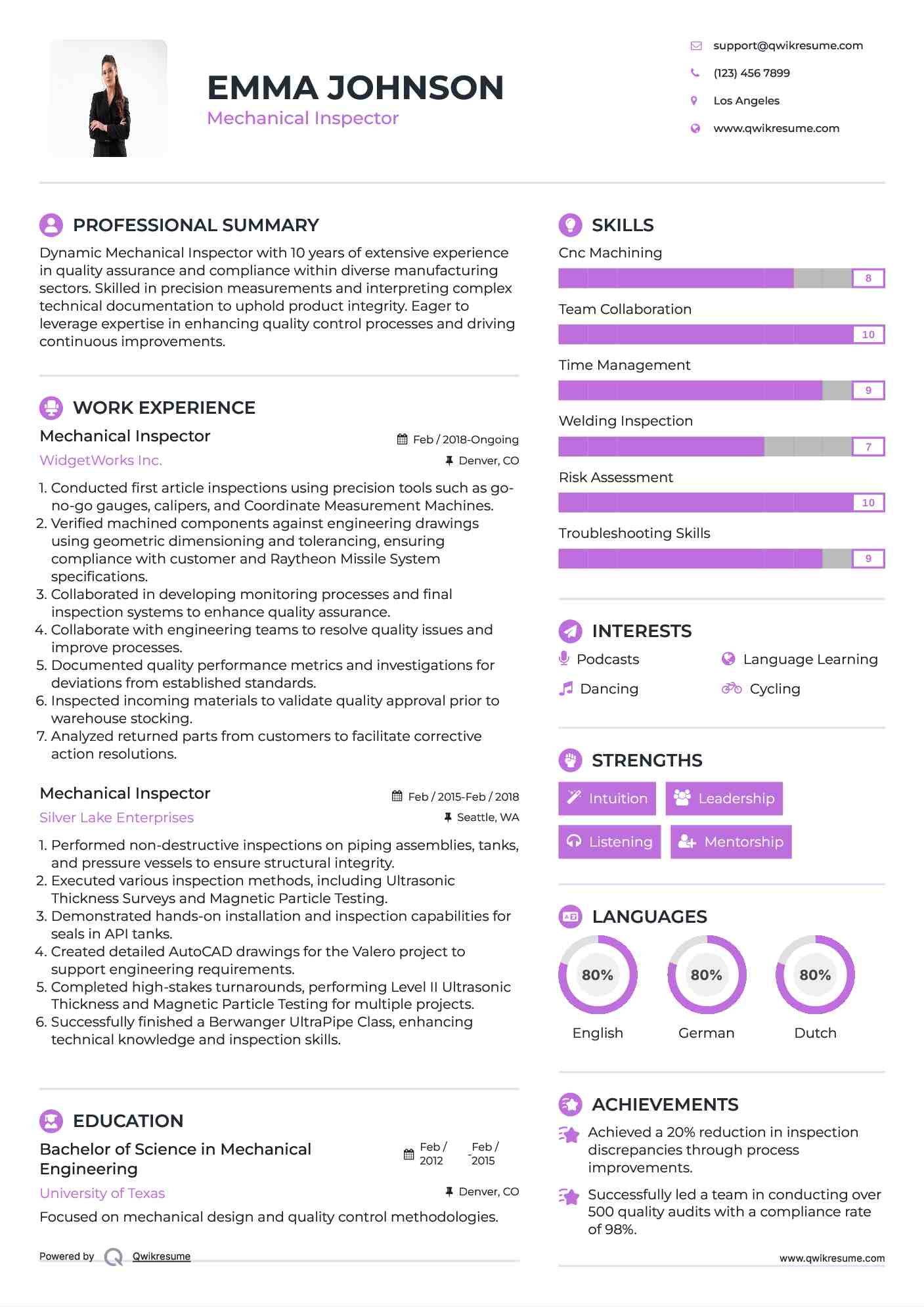 Mechanical Inspector Resume Samples QwikResume