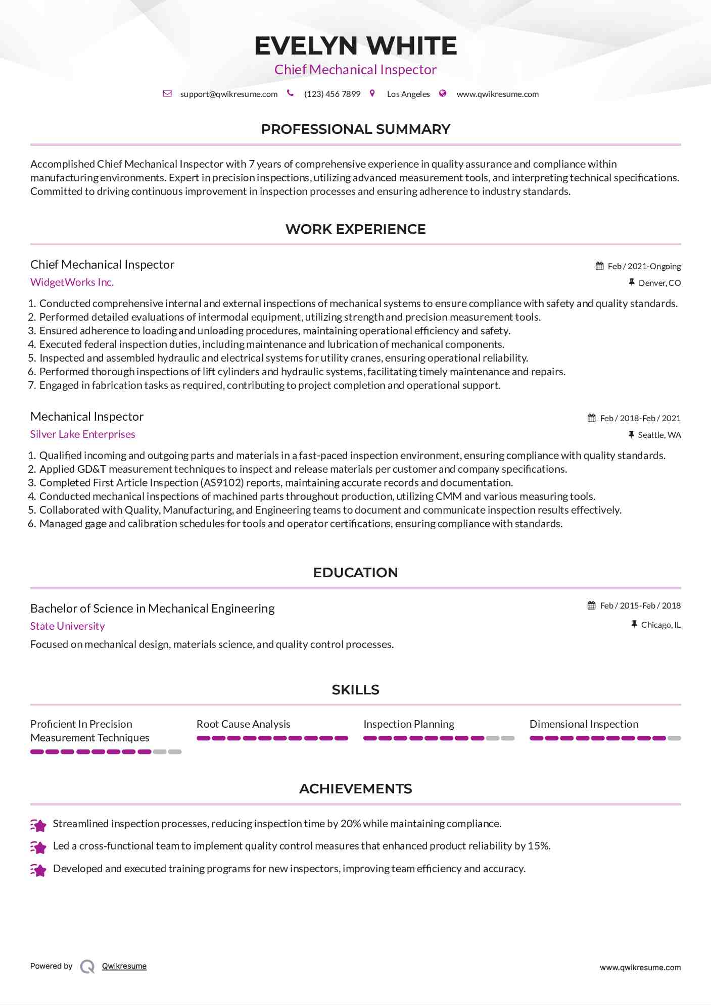 Chief Mechanical Inspector
 Resume Format