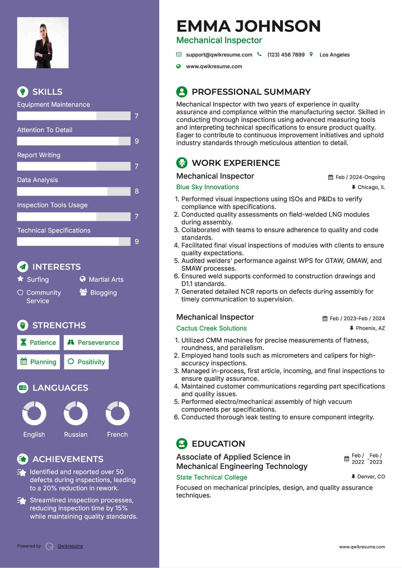 Mechanical Inspector Resume Samples QwikResume