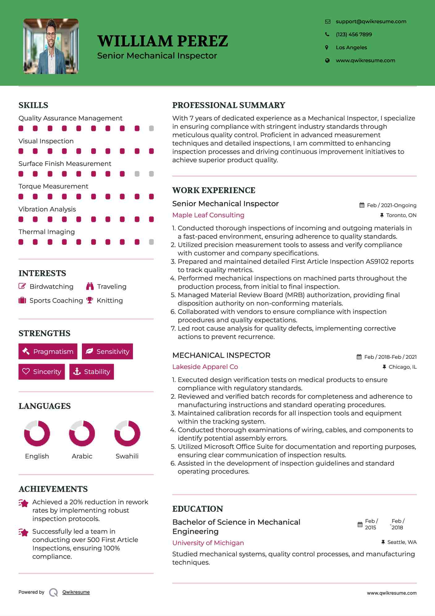 Senior Mechanical Inspector Resume Template