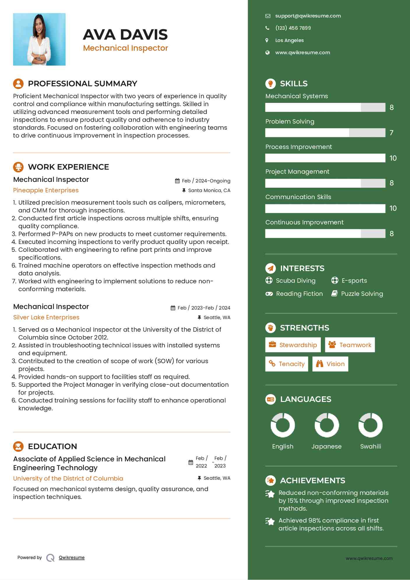 Mechanical Inspector Resume Samples QwikResume