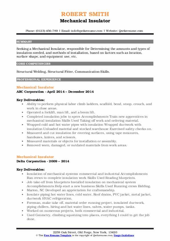 Mechanical Insulator Resume Samples QwikResume