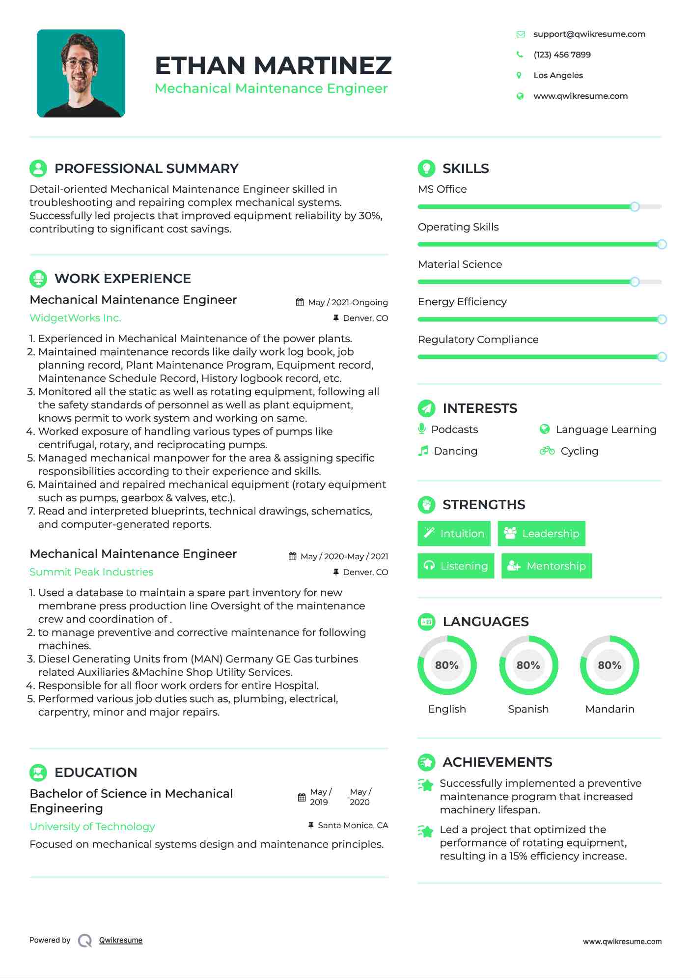 Mechanical Maintenance Engineer Resume Sample
