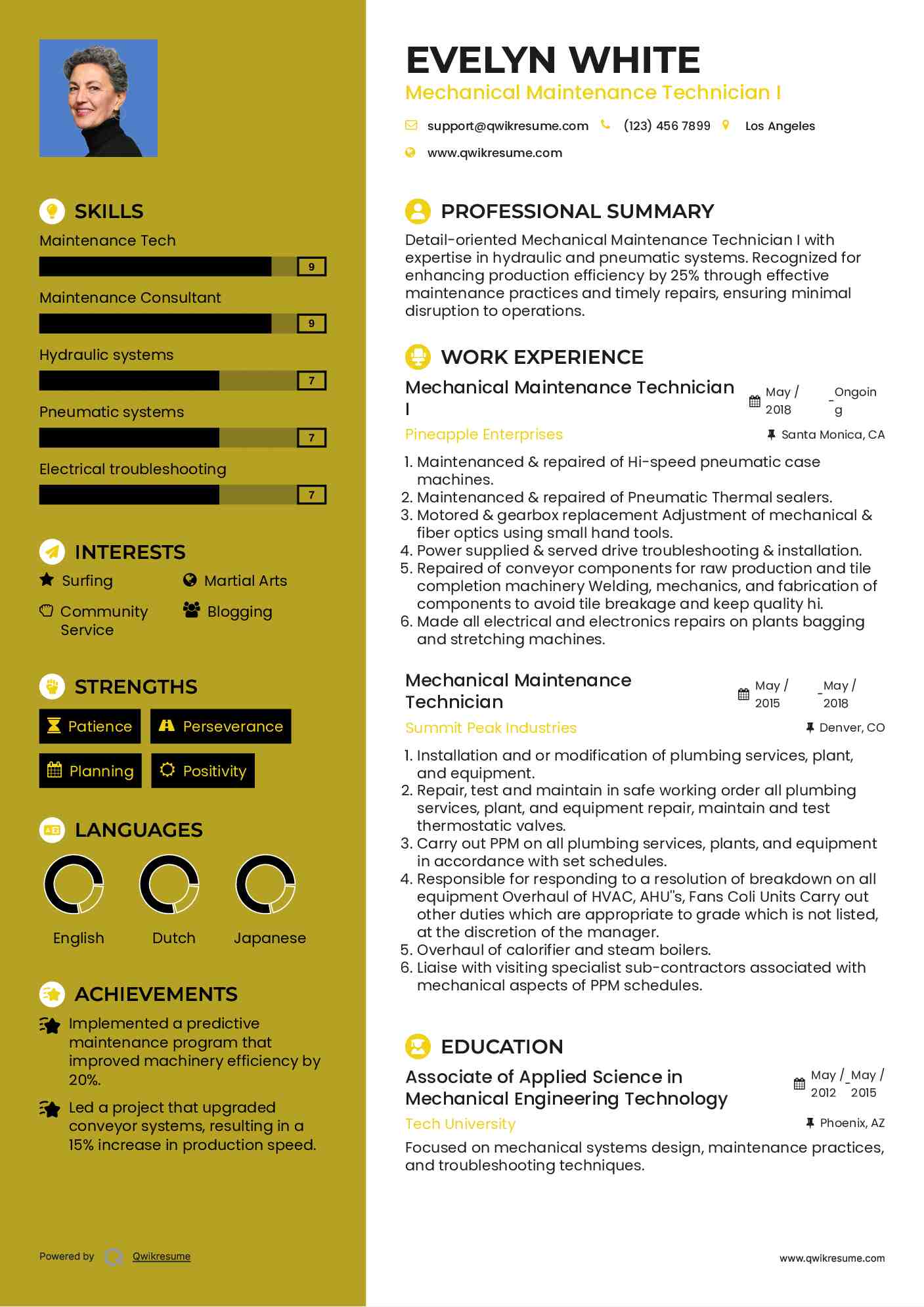 Mechanical Maintenance Technician I Resume Template