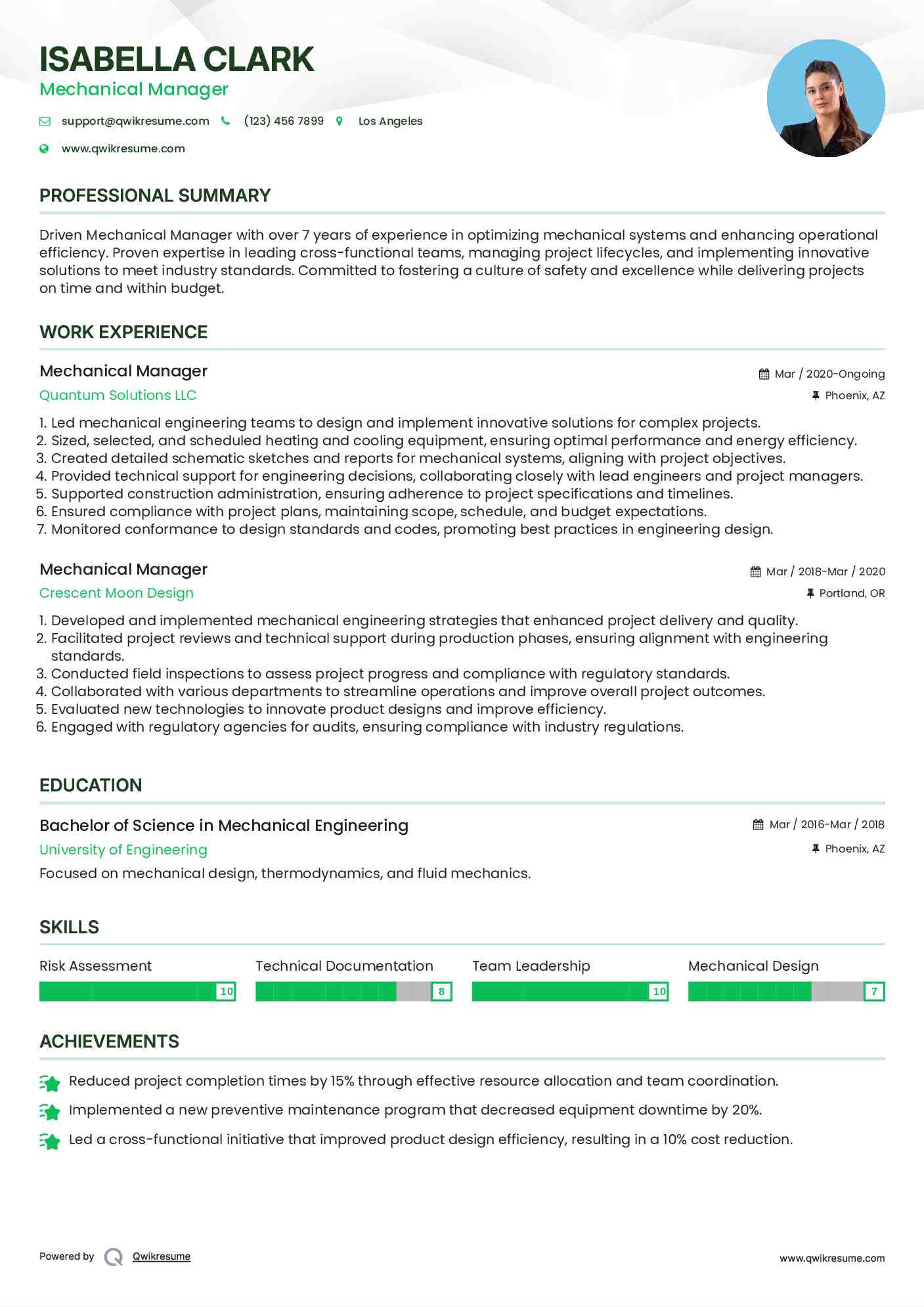 Mechanical Manager Resume Sample