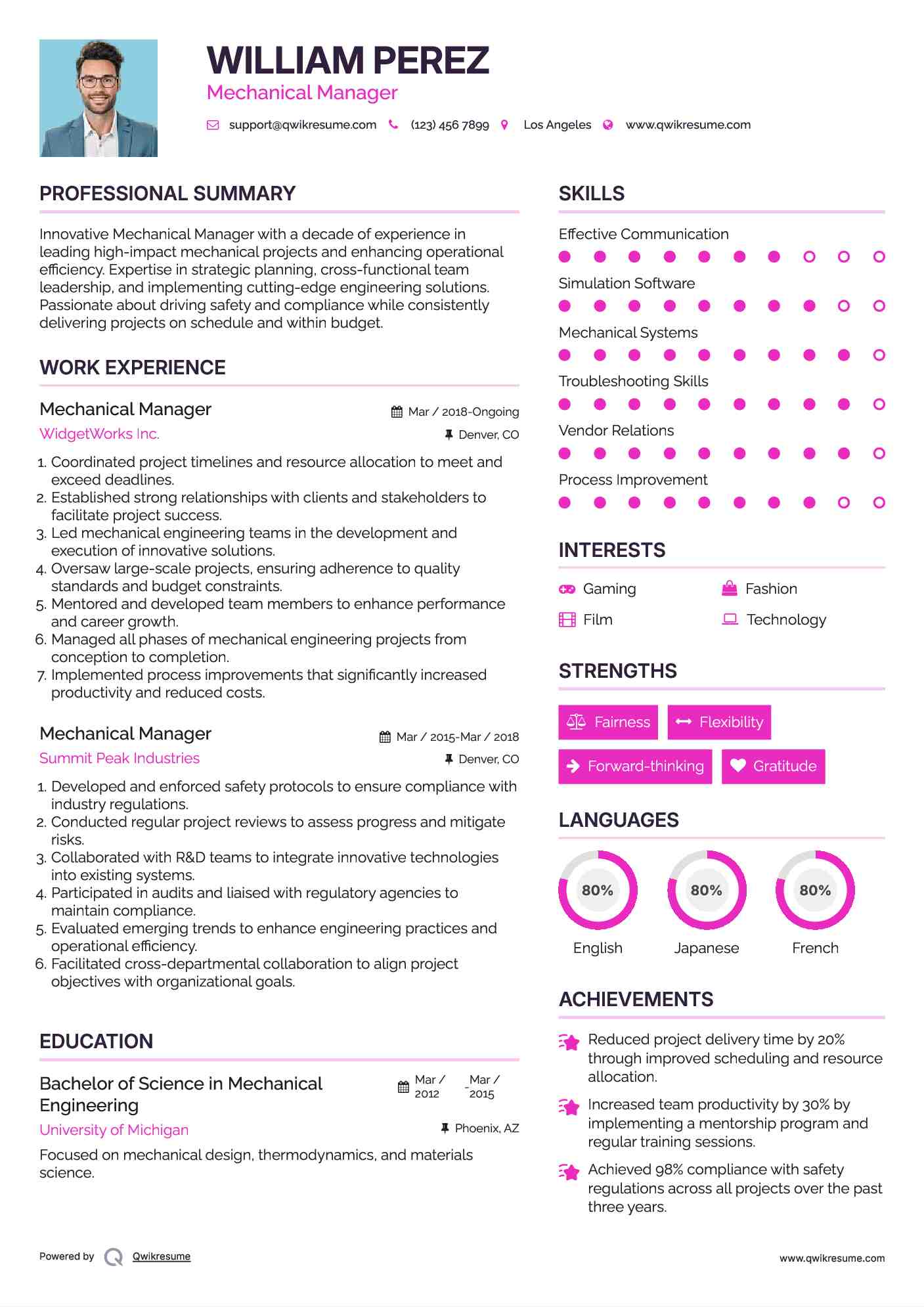 Mechanical Manager Resume Model