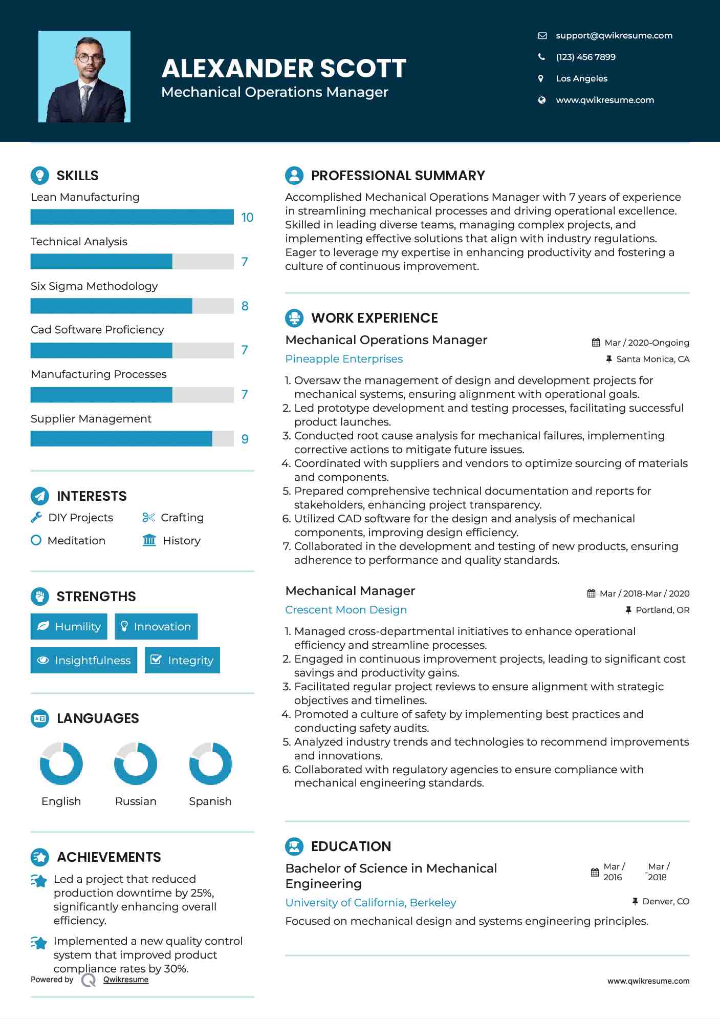Mechanical Operations Manager Resume Model
