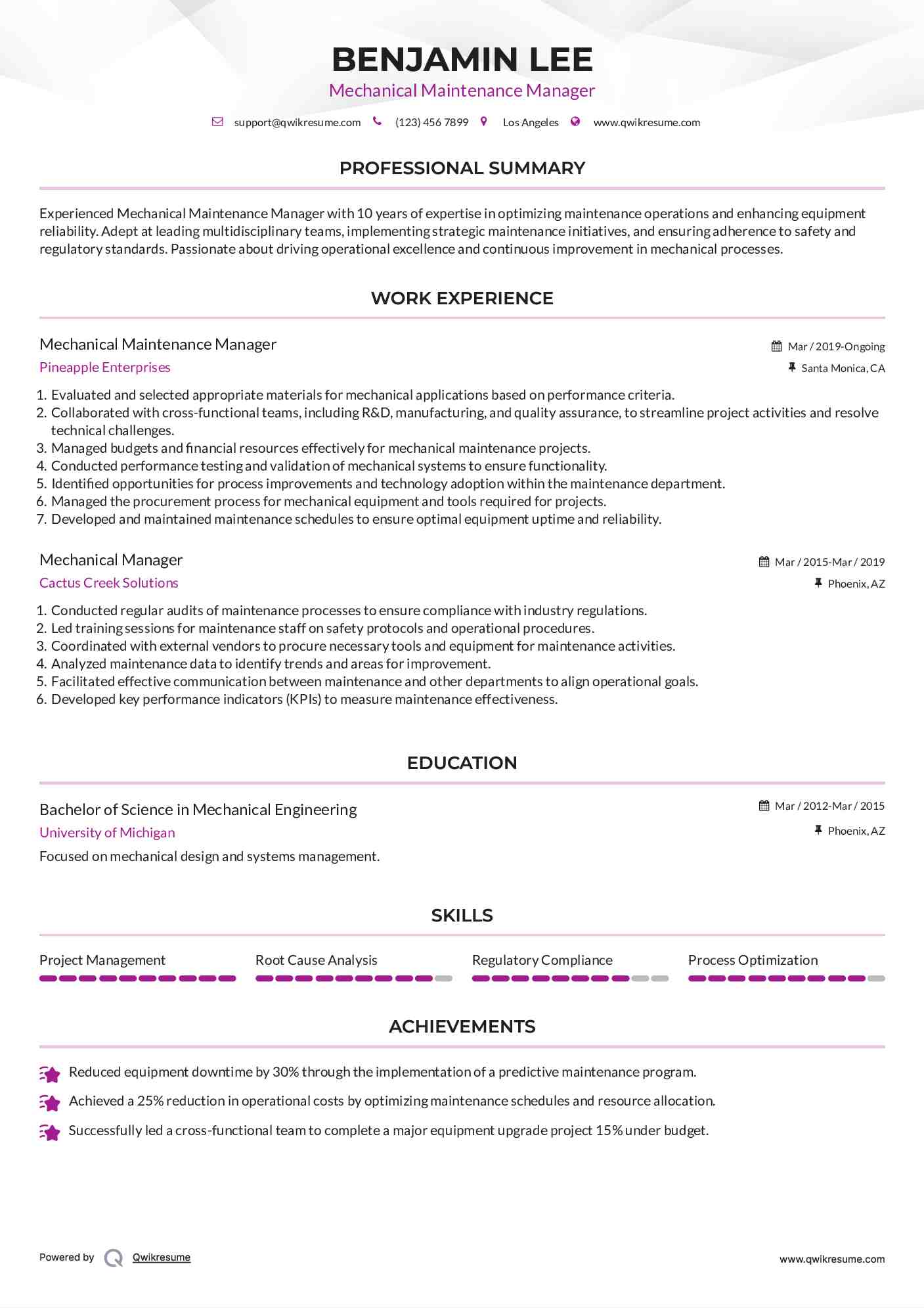 Mechanical Maintenance Manager Resume Sample