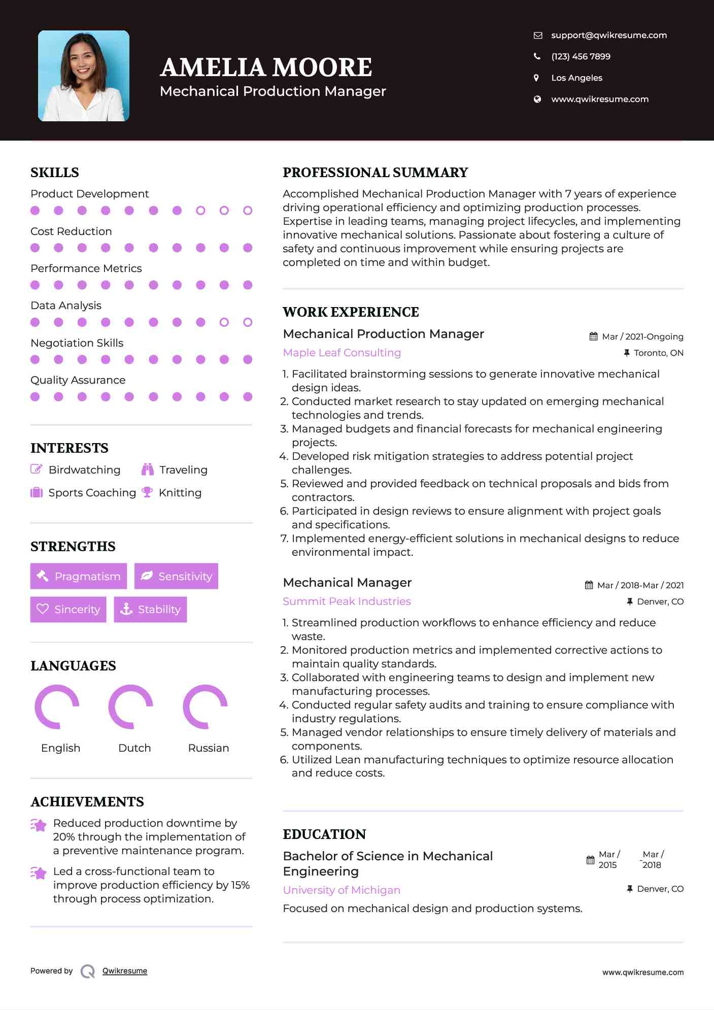 Mechanical Production Manager Resume Example