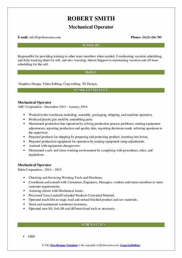 Mechanical Operator Resume Samples QwikResume