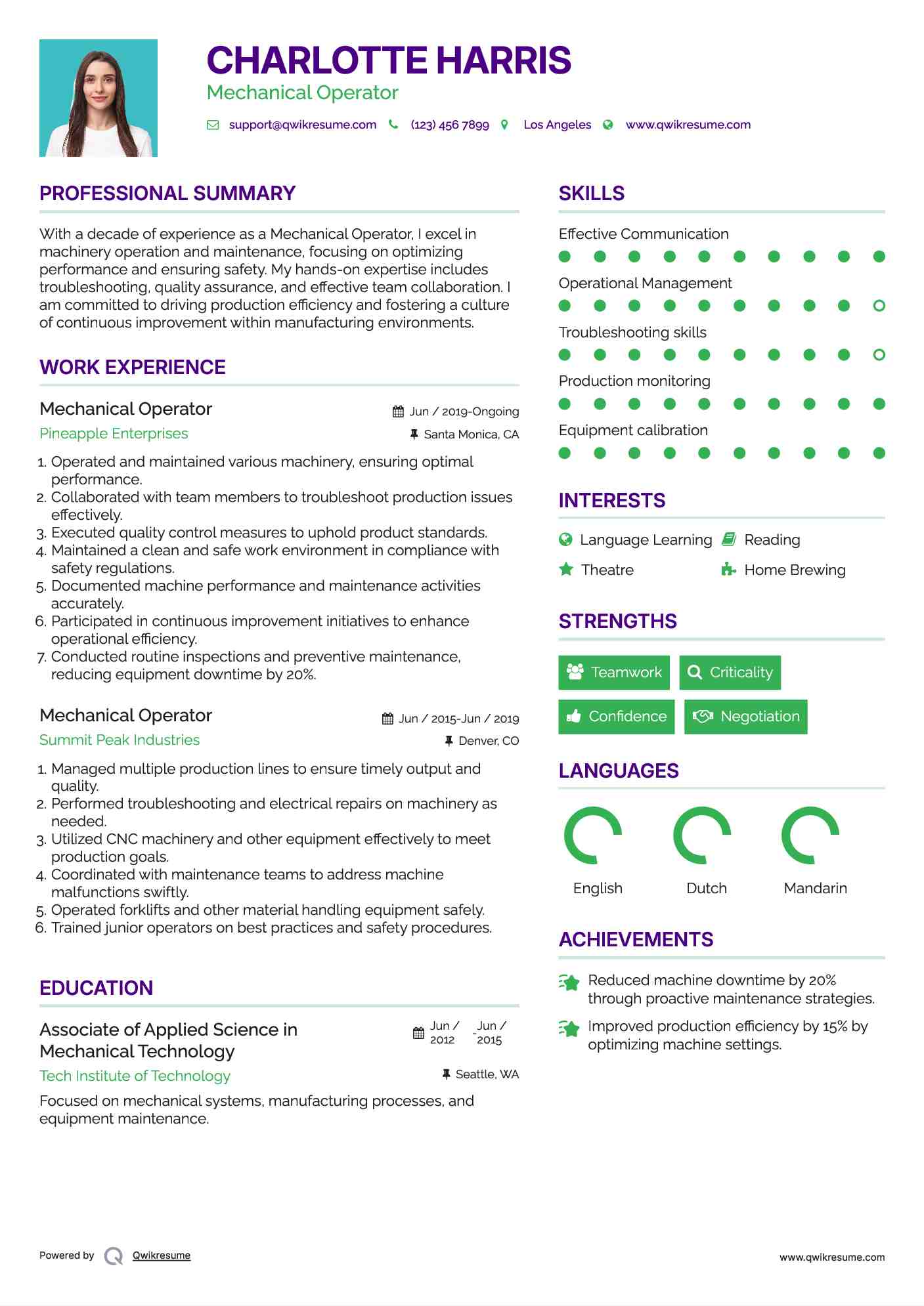 Mechanical Operator Resume Format