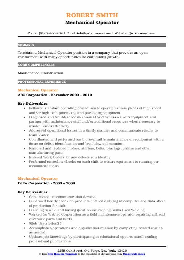 Mechanical Operator Resume Samples QwikResume