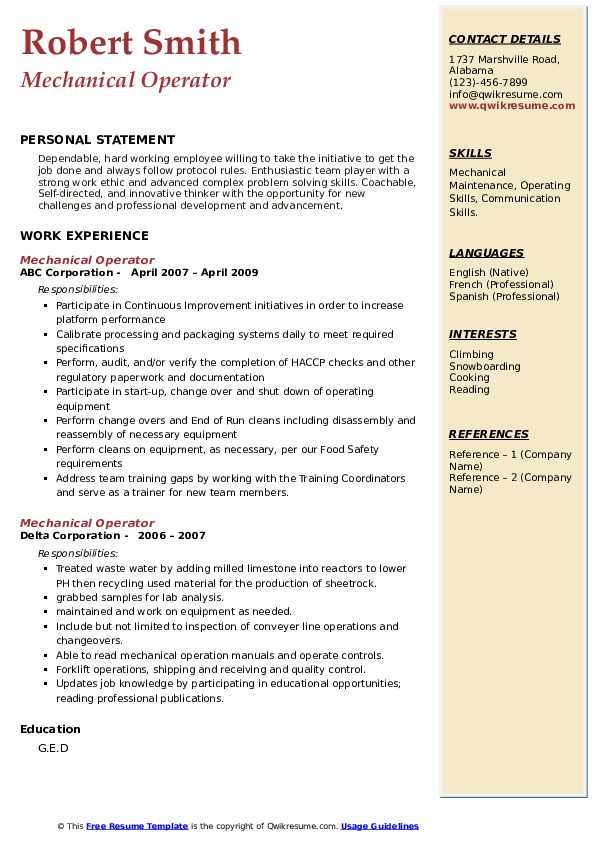 Mechanical Operator Resume Samples QwikResume
