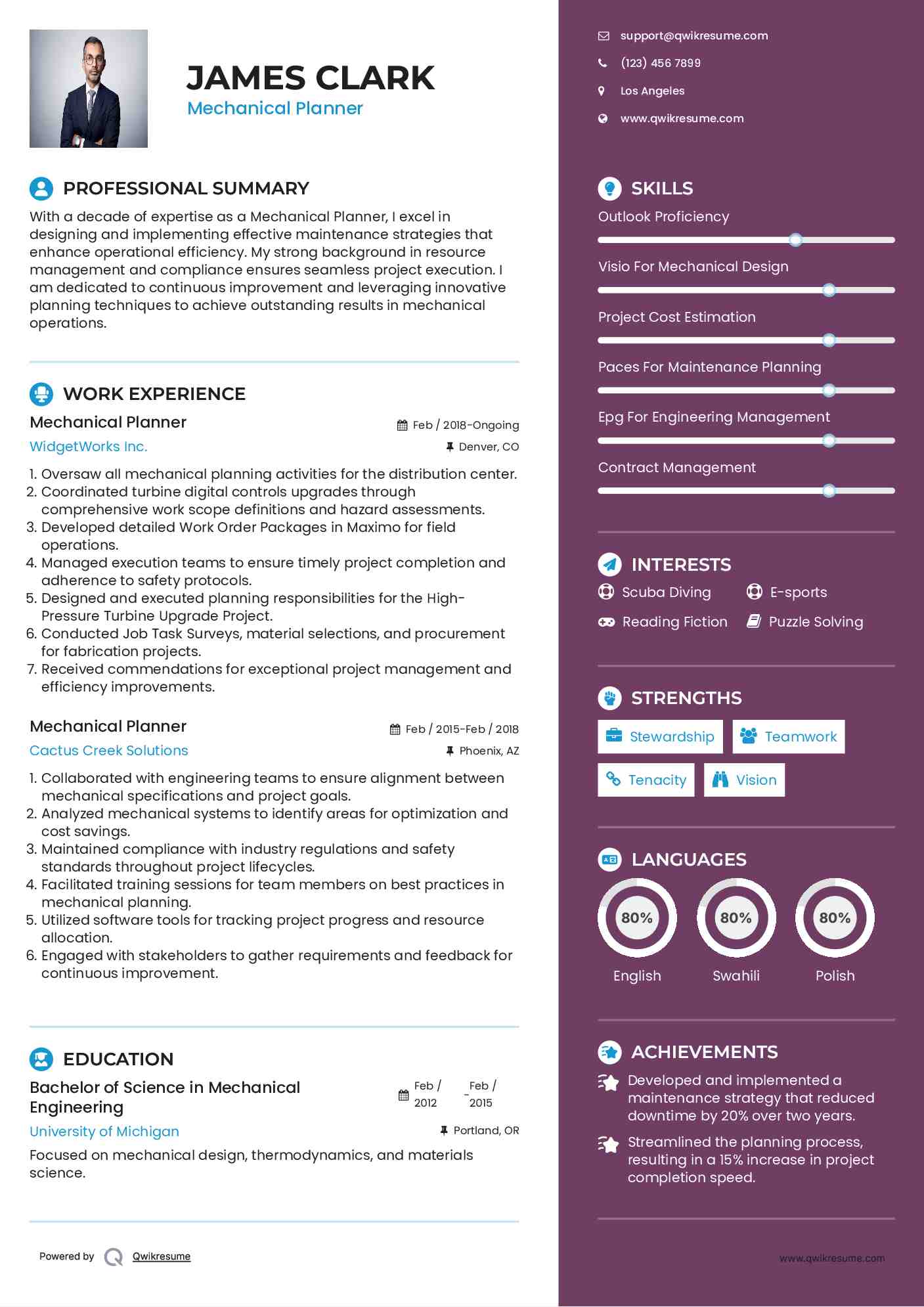Mechanical Planner Resume Sample