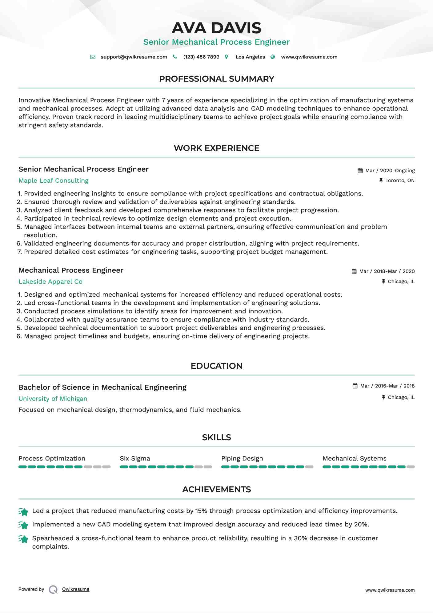 Senior Mechanical Process Engineer Resume Model