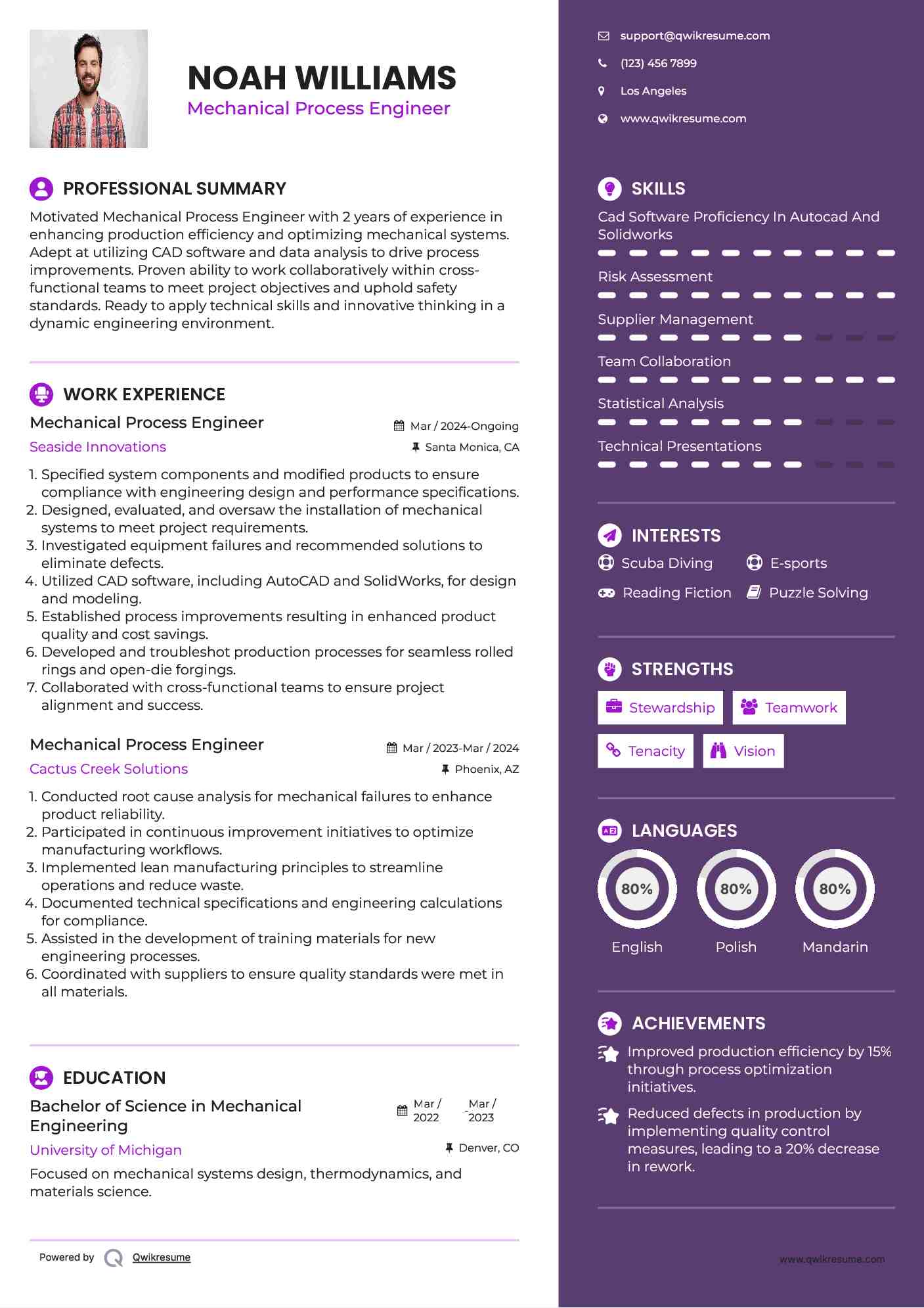 Mechanical Process Engineer Resume Sample