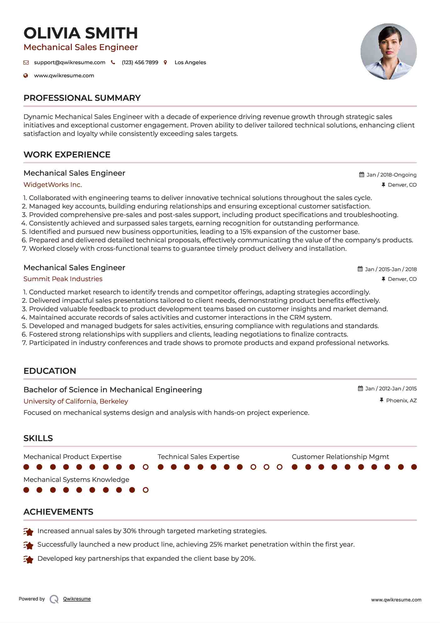 Mechanical Sales Engineer Resume Sample