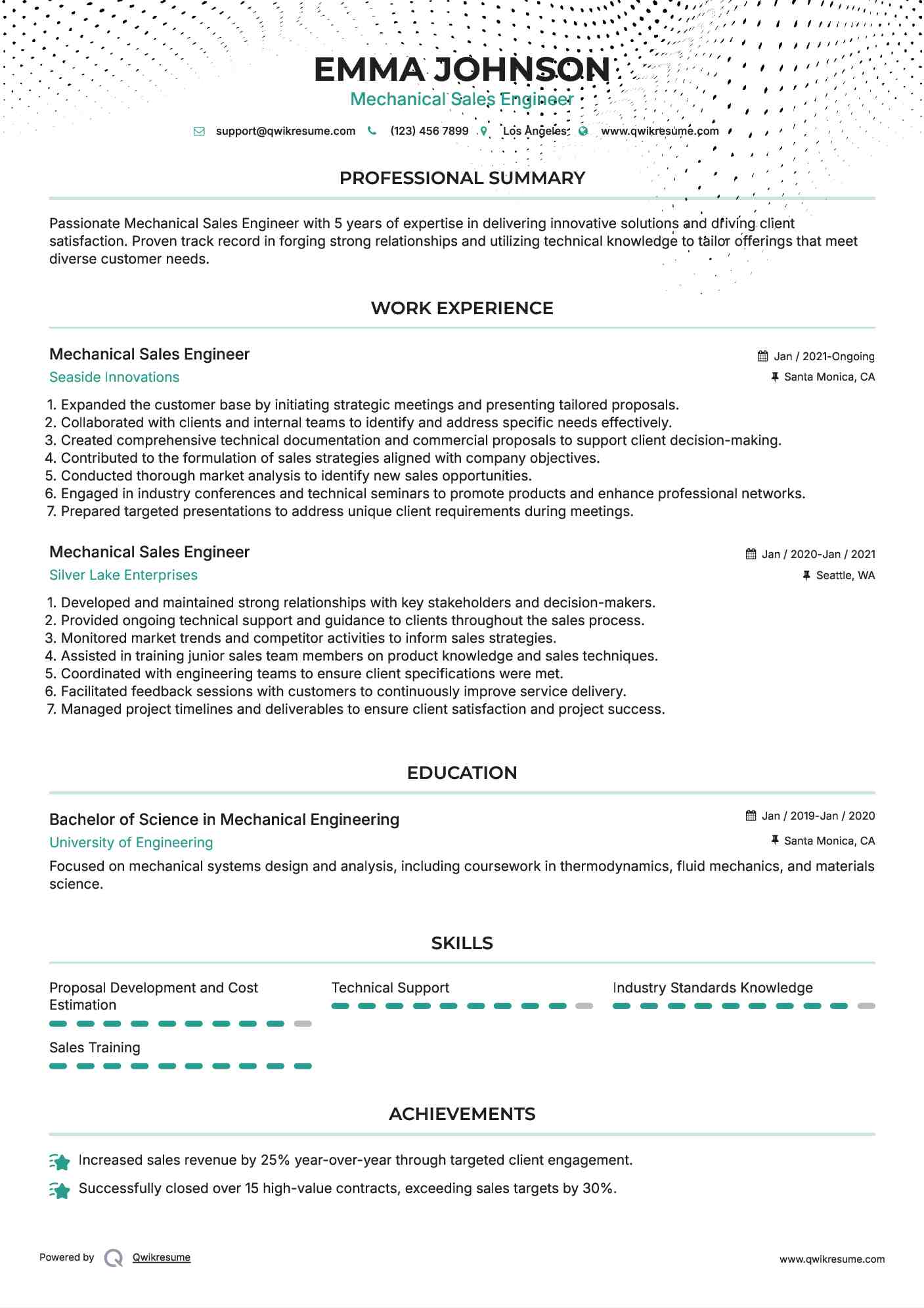 Mechanical Sales Engineer Resume Format